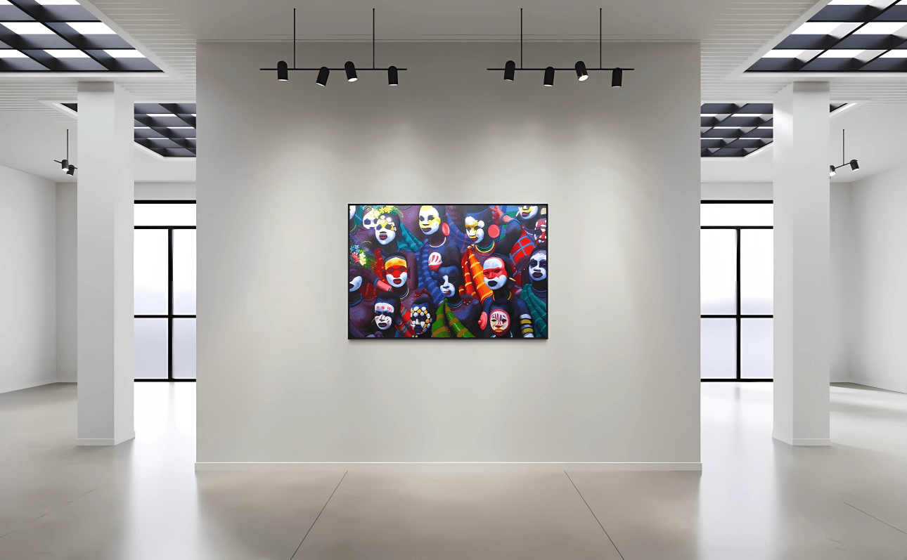 Kwesi Koo’s vibrant large-scale portraits that honour African face painting traditions, hung in a large white room