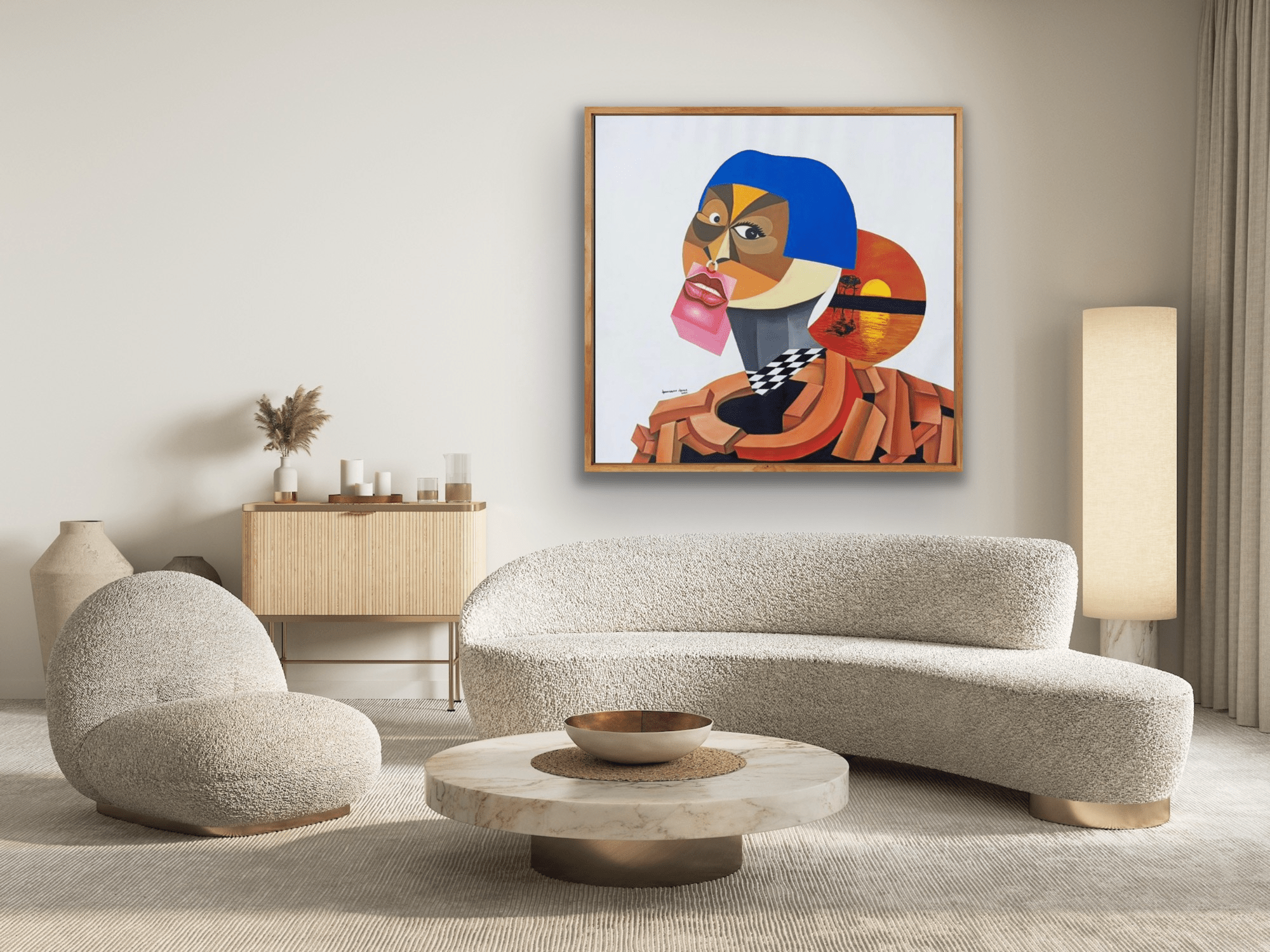 A modern living room with a curved white sofa, round coffee table, textured chair, floor lamp, wooden cabinet, and an abstract painting with geometric faces on the wall.