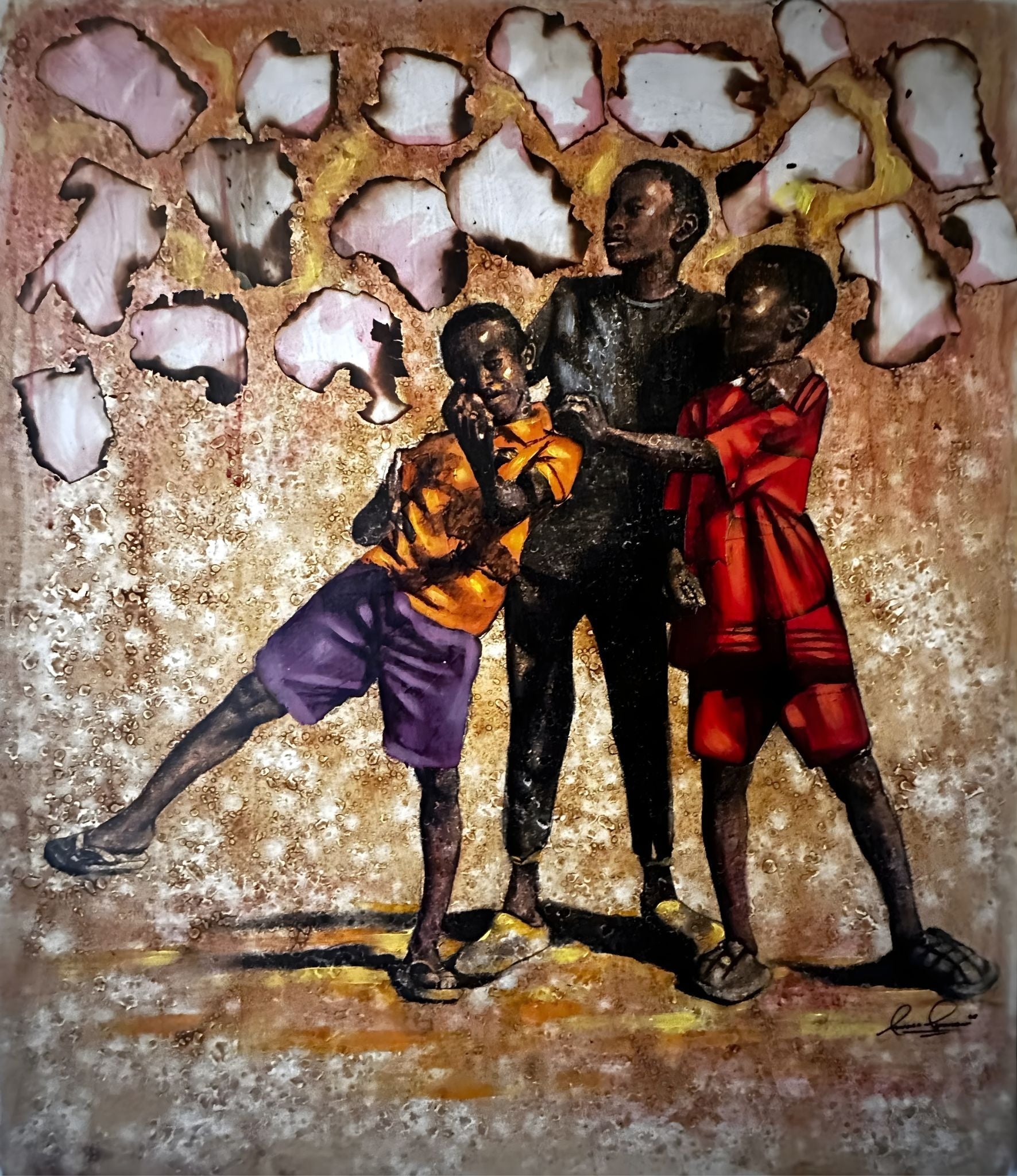 Three children stand together, two boys and a girl, against a textured wall with peeling paint. The children interact playfully, casting shadows on the ground, and are dressed in colorful clothing.