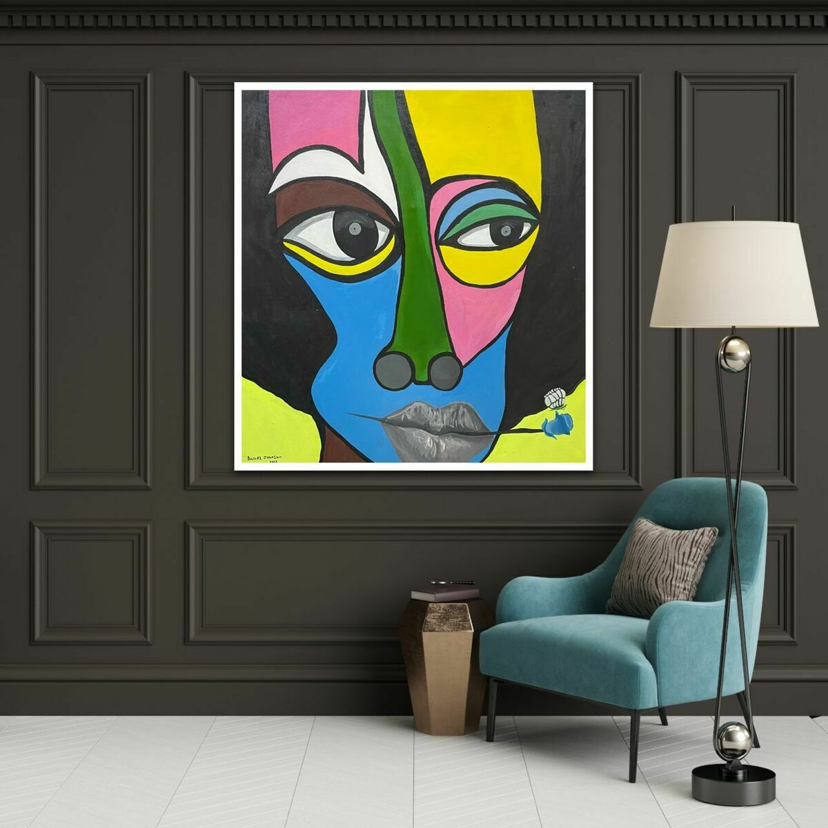 Colourful contemporary original portrait painting with an oak mount frame, hanging up in a living space against dark wall