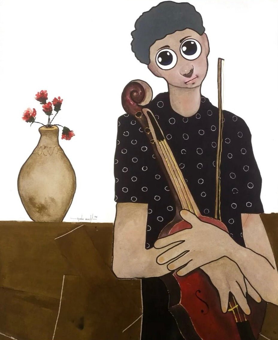 Mixed media painting titled Melody I Feel II by Cybele Anani, featuring a wide-eyed figure holding a cello beside a vase of red flowers. Earthy tones, bold lines, and surreal African symbolism define this whimsical, expressive 2024 artwork.
