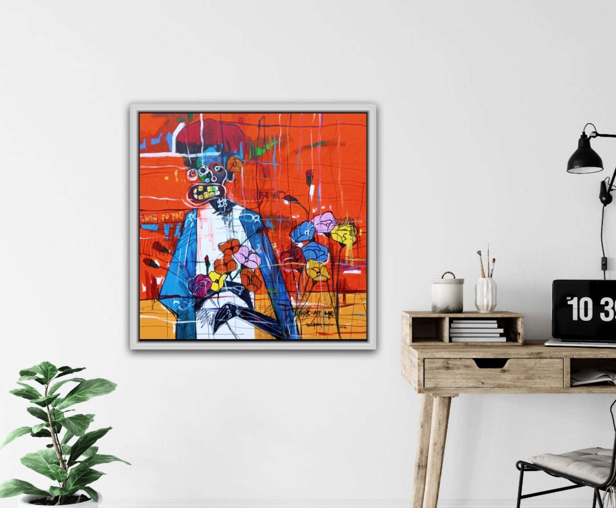 Bold abstract portrait with expressive brushwork, vivid colours by Nigerian artist. Features a stylised figure holding multicoloured flowers, set against a vibrant red & yellow background. Contemporary African art in a neo-expressionist style.