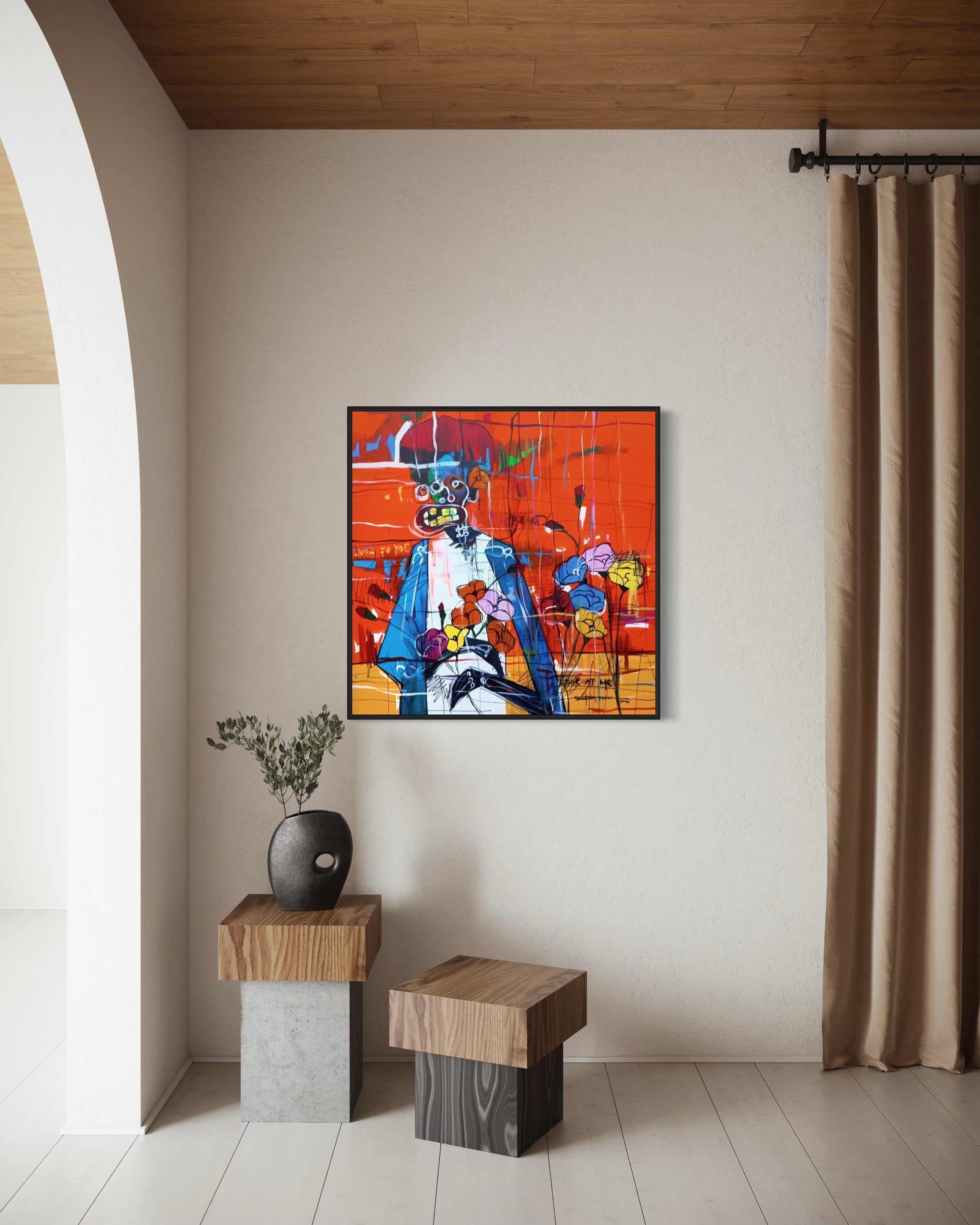 Bold abstract portrait with expressive brushwork, vivid colours by Nigerian artist. Features a stylised figure holding multicoloured flowers, set against a vibrant red & yellow background. Contemporary African art in a neo-expressionist style.