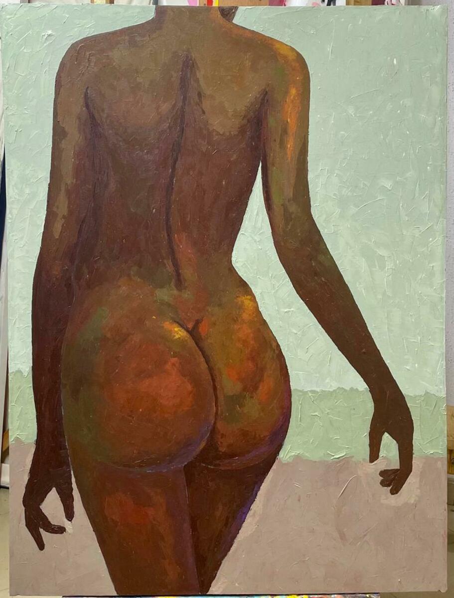 The Temple" Tasteful Painting Nude by Faith O Sidneu is an impressionistic acrylic on canvas featuring a nude from behind in earthy brown and reddish tones, set against a muted green-beige background. Hand-signed by the artist.
