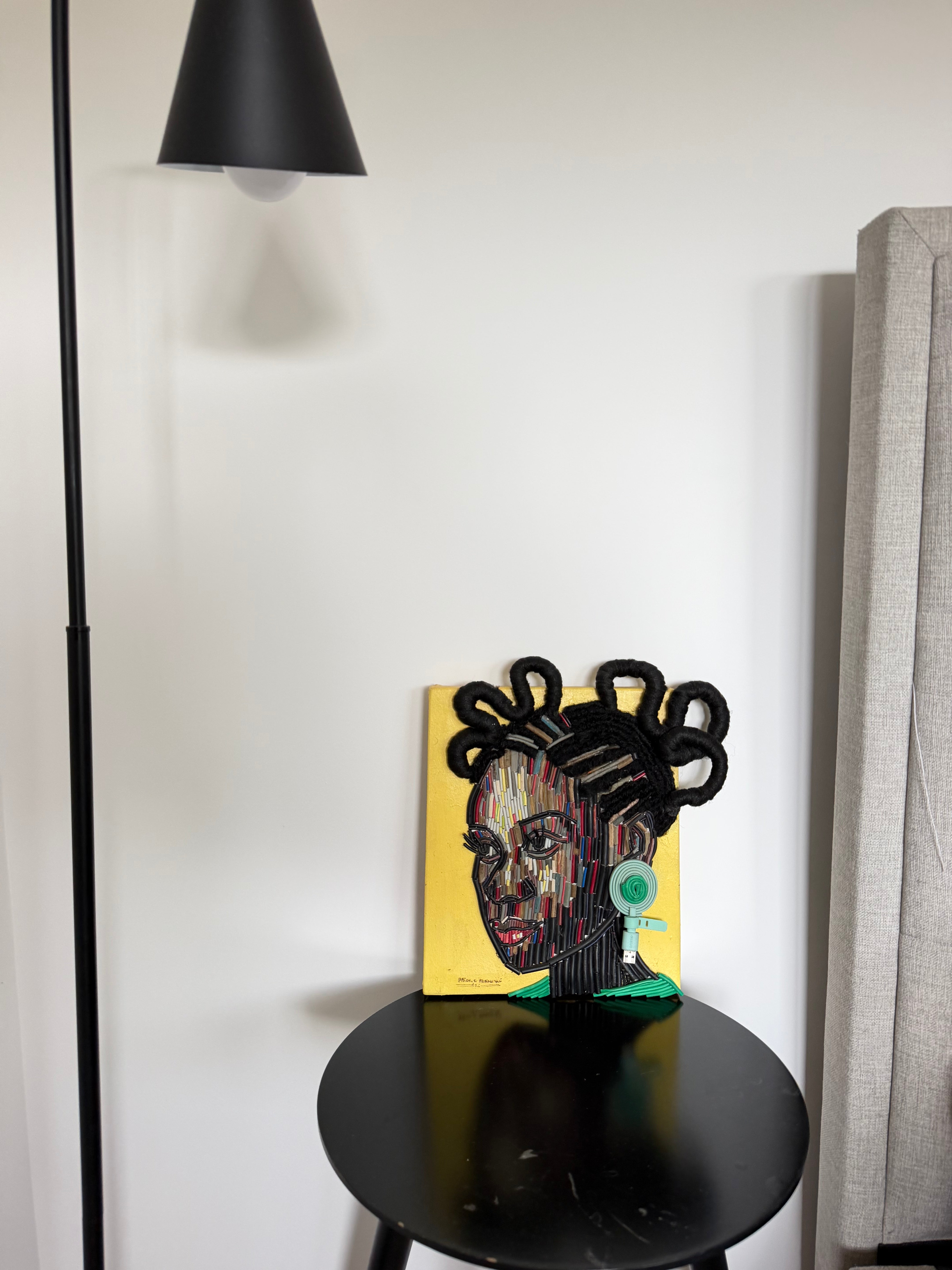 "One Body, Many Lines" Electronic Cable on Canvas by Patience Adekunle.