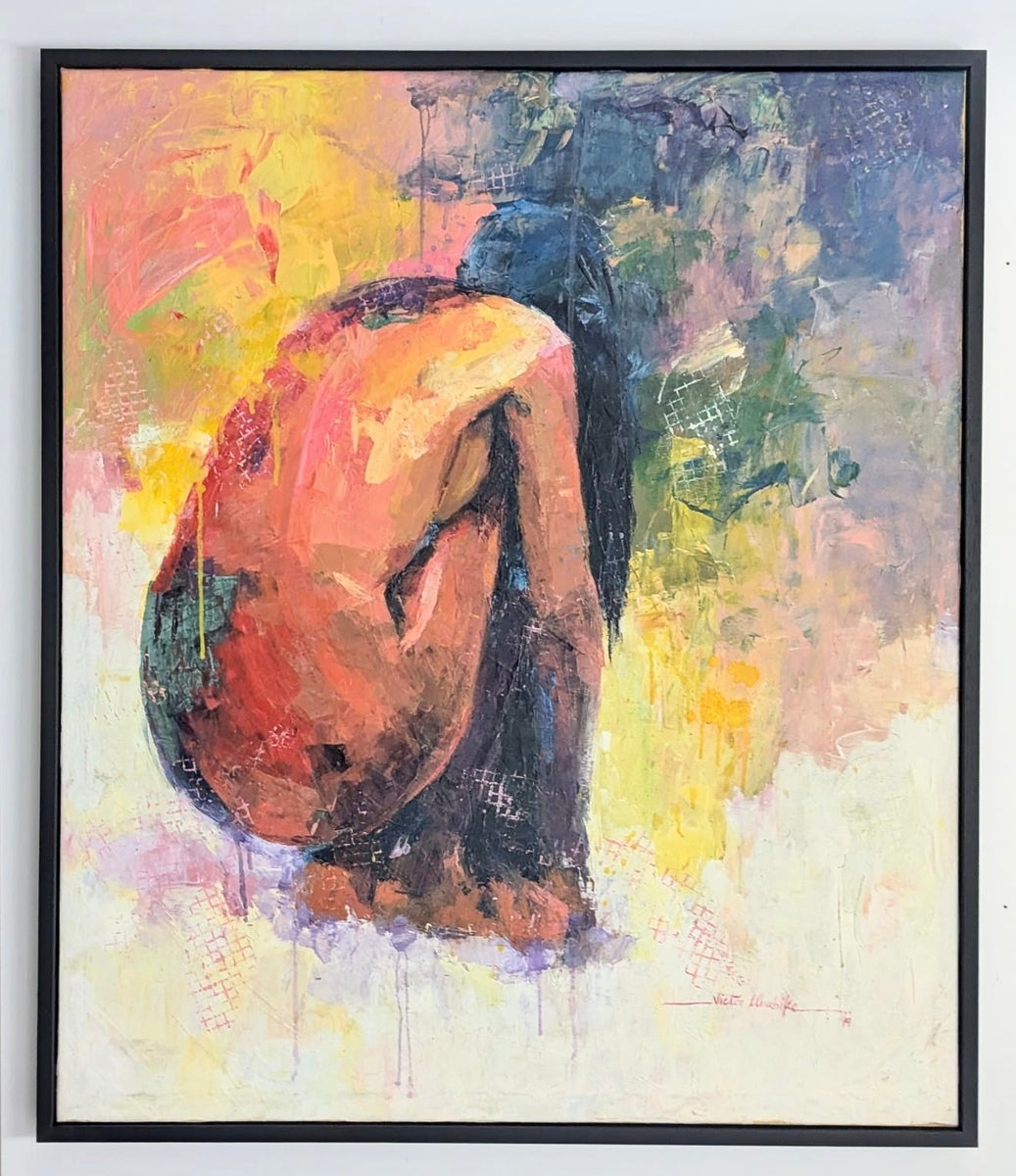 Solace II" by Victor Ubabike is a colorful Nigerian abstract expressionist painting depicting a nude female figure curled up among vibrant, textured brushstrokes in warm and cool tones.