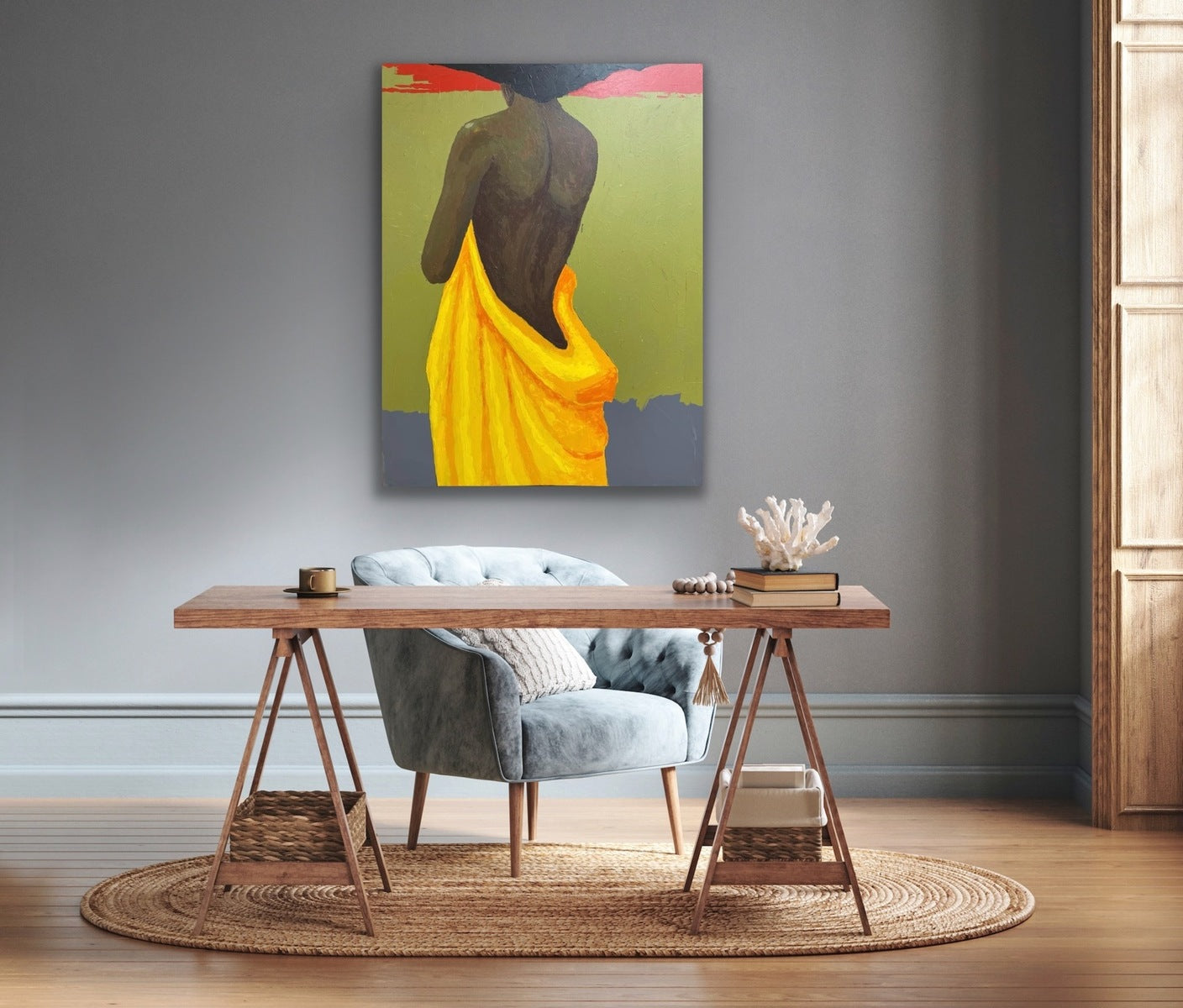 The Yellow Fabric" by Faith O Sidneu is a hand-signed acrylic on canvas, featuring a woman in a yellow dress on a table.
