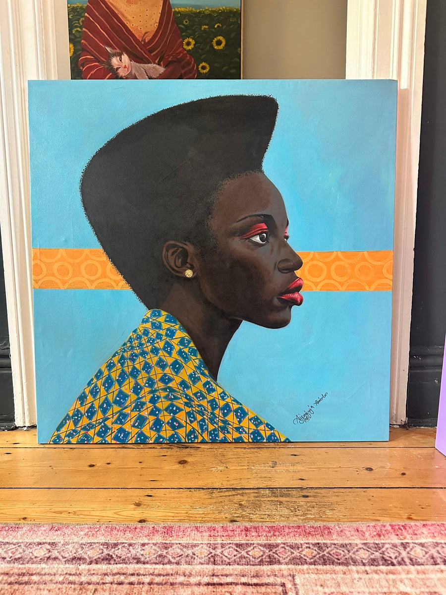 Staring at the Future" by Ajenifuja Abiodun is a hand-signed acrylic on canvas of a Black woman in profile with high flat-top hair, in blue and yellow attire, set against blue with an orange stripe. Includes certificate of authenticity.