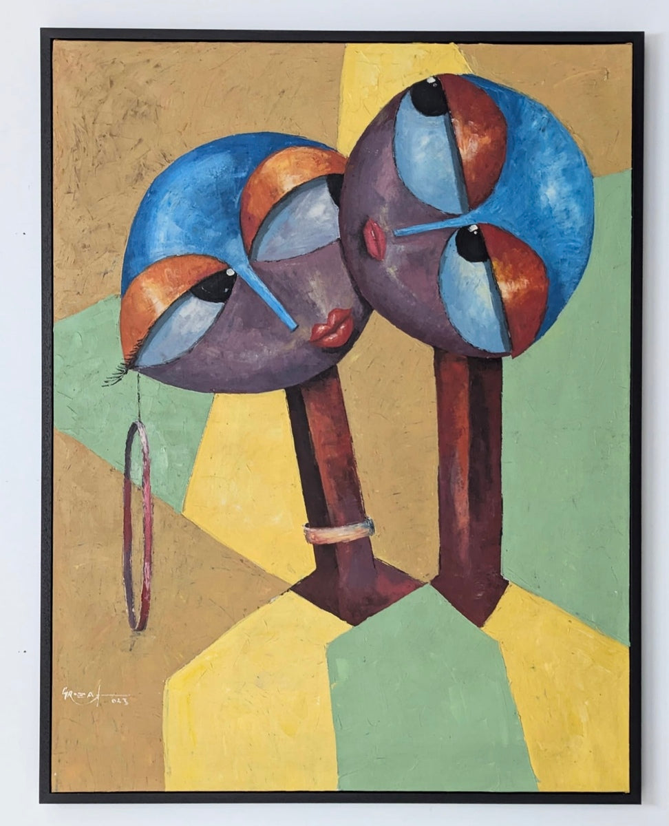 Lord Made us" by Great G is a vibrant acrylic on canvas featuring two abstract elongated faces with blue head coverings, one adorned with a hoop earring and bangle, set against a geometric yellow-green background. Hand-signed by the artist.