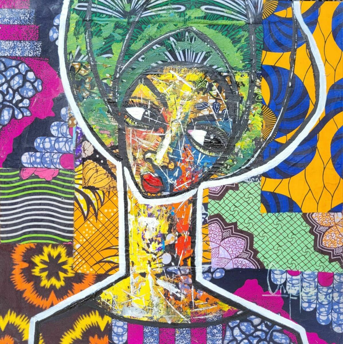 Maiden" by Onyeka O is a vibrant mixed media collage and acrylic painting featuring a striking headdress and expressive face, set against a patterned Ankara-inspired background with bold florals and geometric motifs.