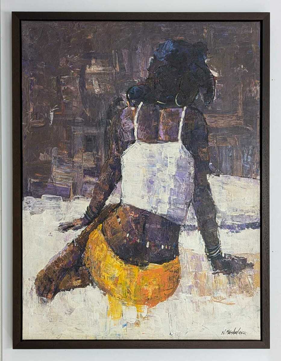 ‘Definition I’ is an original painting by N Marshal, depicting an impressionistic African woman in a white top and yellow skirt, seated on a white surface against a muted abstract background. This piece celebrates striking African beauty.