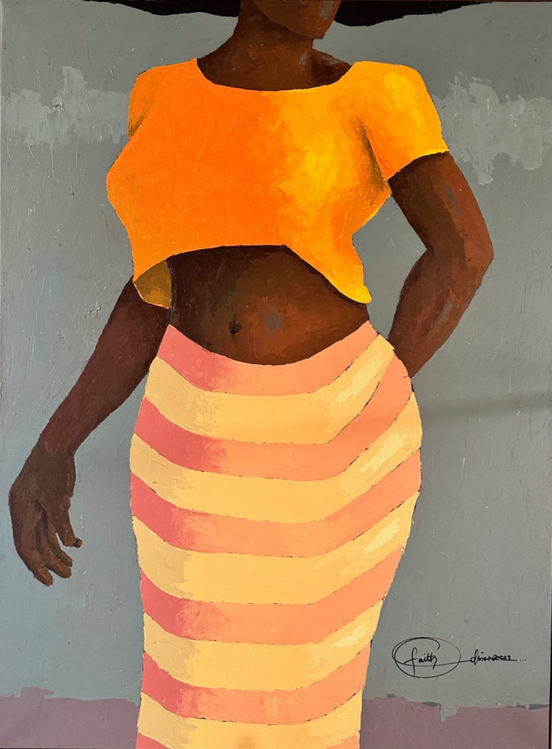 I Am Woman 3" by Faith O Sidneu is an acrylic on canvas painting depicting a dark-skinned woman in a yellow crop top and pink-peach striped skirt, set against a plain gray background. Her face is not visible.
