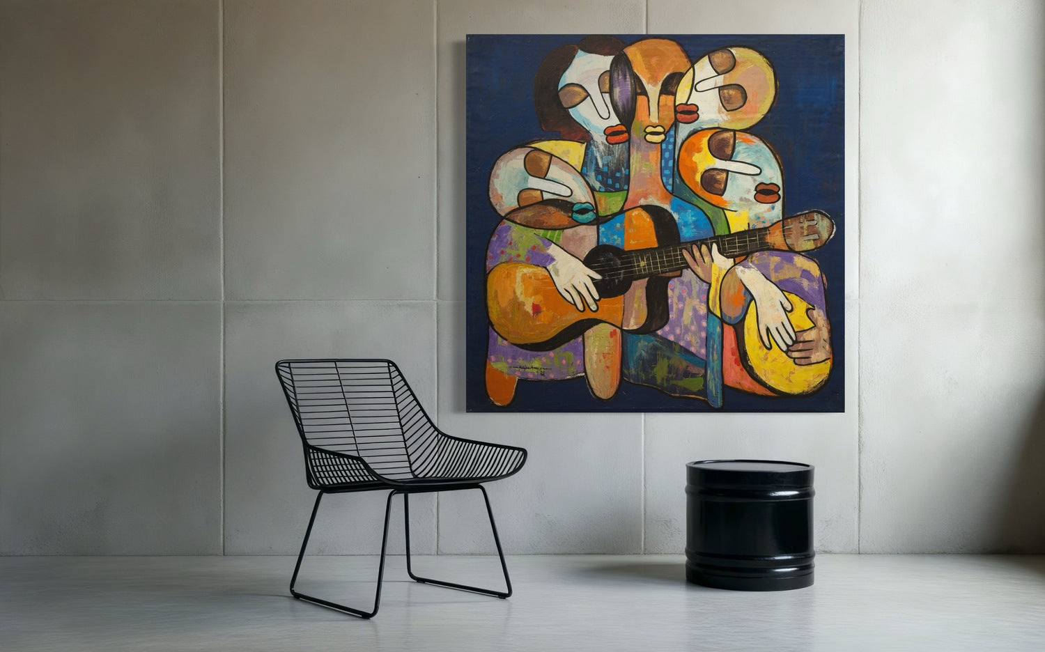 A modern room features a wireframe chair, a black cylindrical side table, and "Sweet Tunes" by Achike Anayo—a colorful, hand-signed acrylic on canvas of musicians playing guitars with a certificate of authenticity—adorning the gray wall.