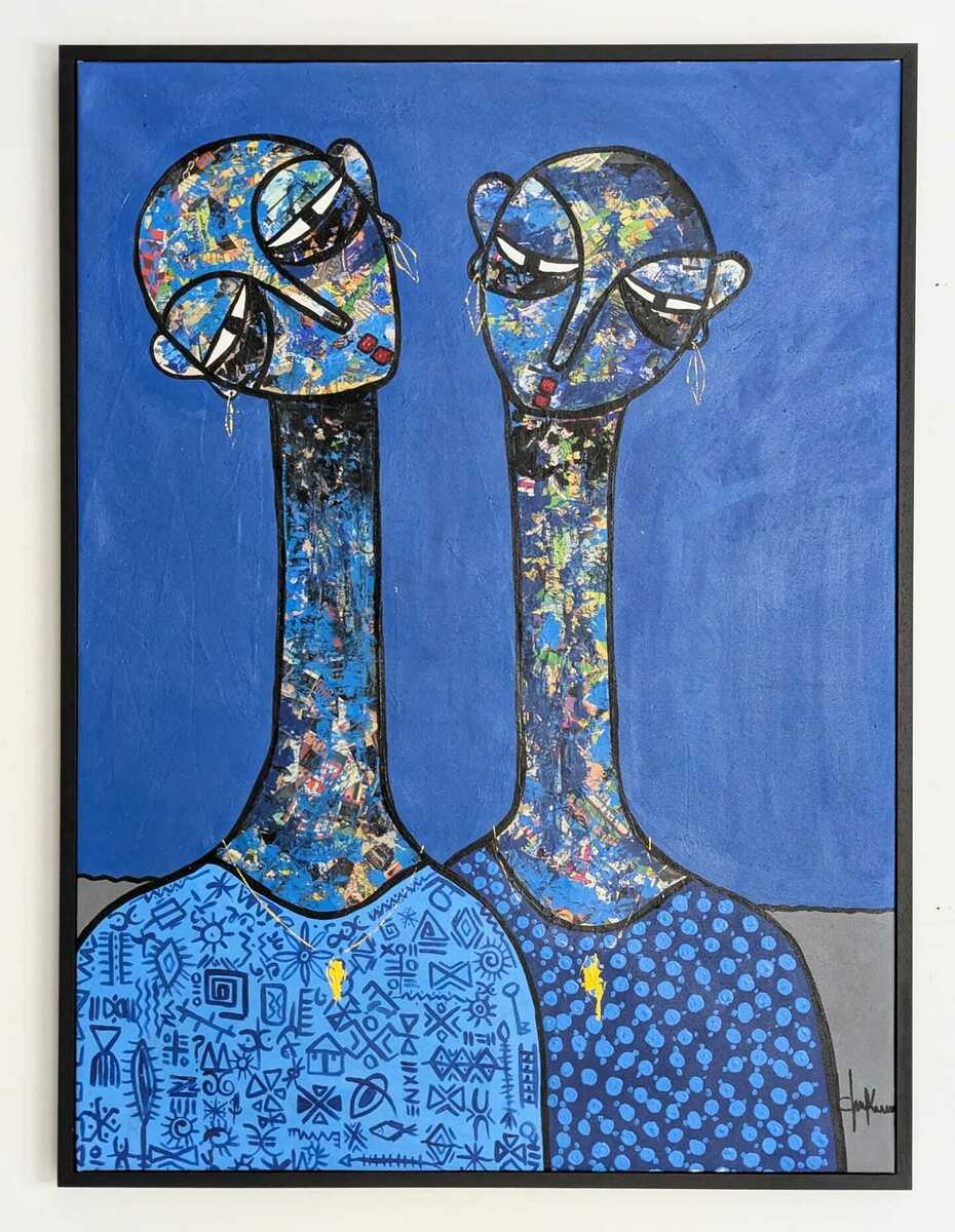 “Friendship” by Chukwuma C is a mixed media acrylic and paper painting depicting two abstract figures with elongated necks, blue patterned clothing, and textured faces set against a solid blue background, their heads leaning together.