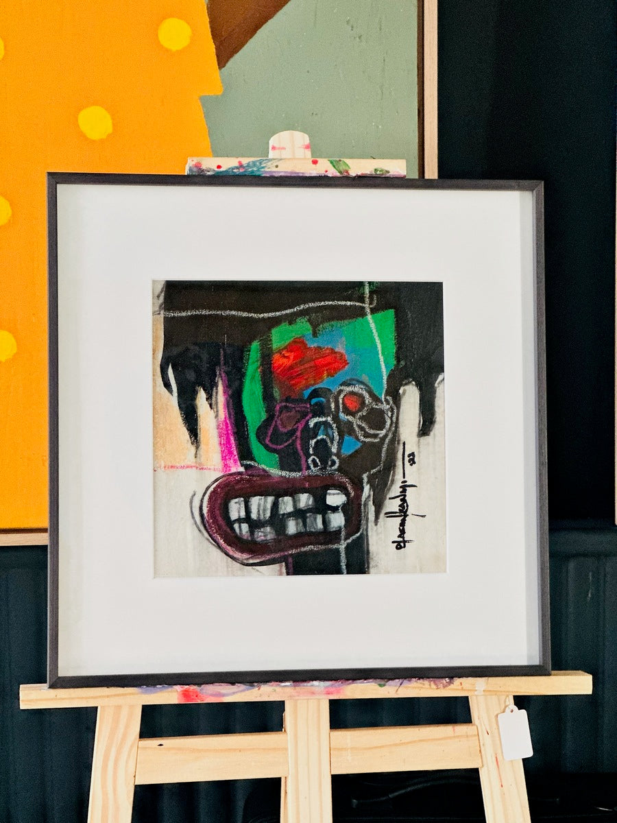 Act 1" by Olasunkanmi Oyelusi: Framed abstract acrylic on canvas featuring a distorted face with bold colors, prominent teeth, dark outlines, and expressive green, red, and black brushstrokes. Hand-signed by the artist.