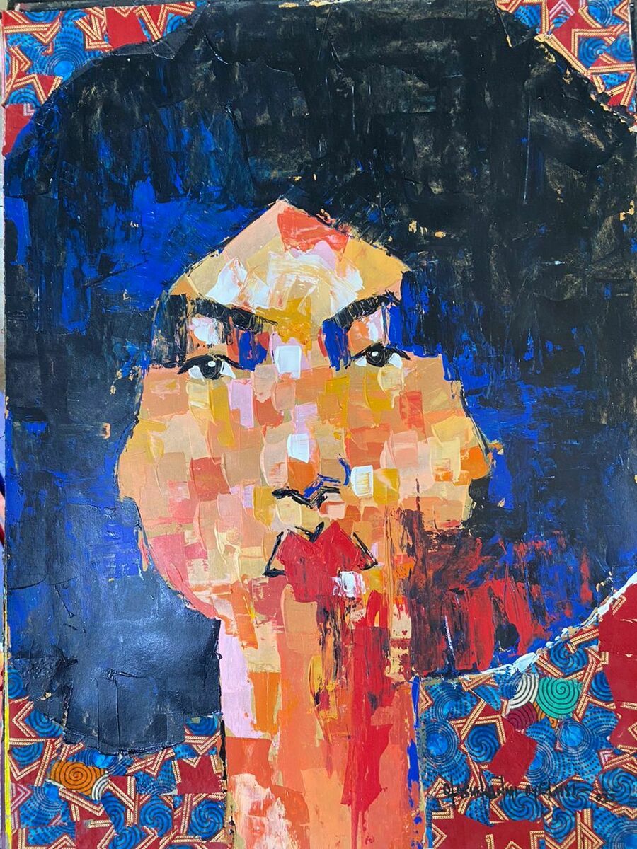 From the One of a Kind Series by Olasunkanmi Oyelusi, this textured acrylic on paper features a colorful abstract portrait with blocky brushstrokes in red, blue, and orange, depicting a serious figure against a patterned border.