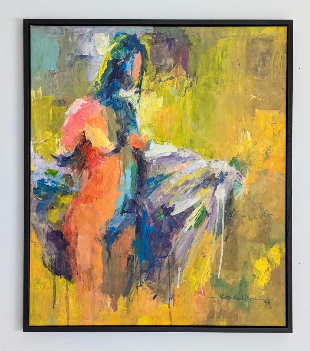 Solace" by Victor Ubabike is a contemporary Nigerian abstract expressionist acrylic painting of a nude female in motion, set against a yellow background with warm and cool tones.