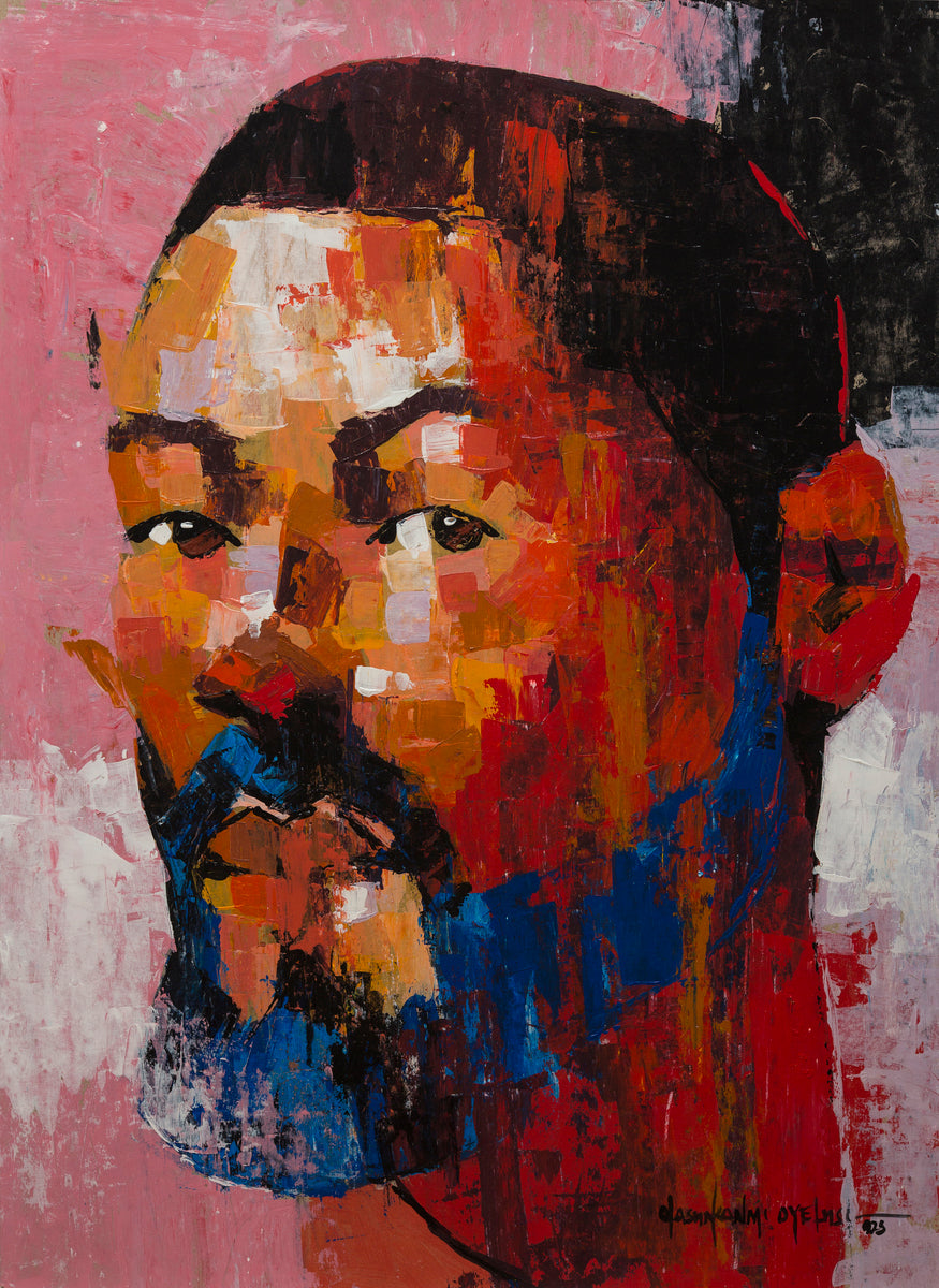 From the "One of a Kind Series" by Olasunkanmi Oyelusi, this hand-signed acrylic portrait features bold red, pink, blue, black, and orange strokes on textured card. Includes certificate of authenticity.