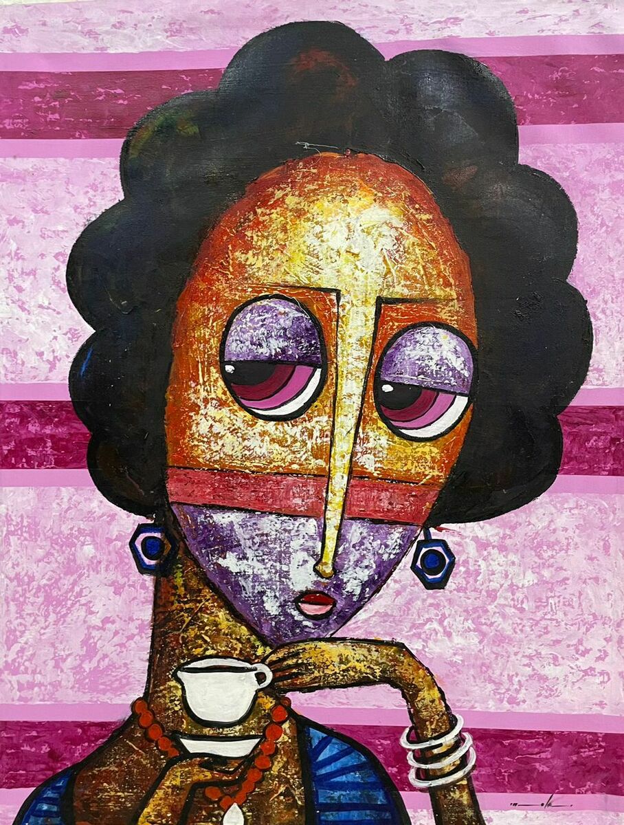 Tea Time by Ola Kuti is a hand-signed acrylic on canvas featuring a woman with exaggerated features, large eyes, curly black hair, and a teacup. Bold pink stripes accent the background. Includes a certificate of authenticity.