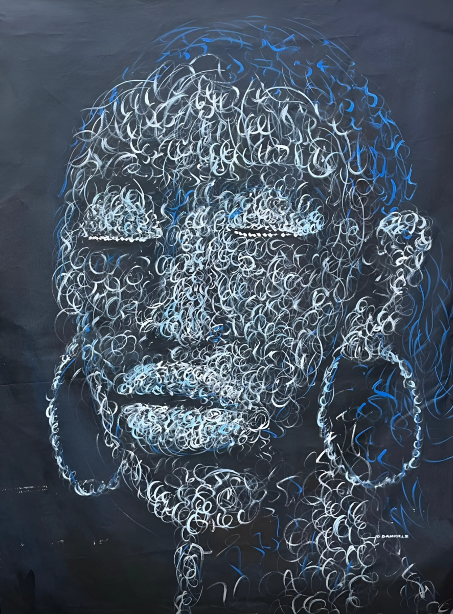 Circle of purity" by Bamidele features an abstract portrait with closed eyes, large hoop earrings, and textured hair rendered in swirling white and blue lines on a dark canvas, detailed with expressive acrylic strokes.