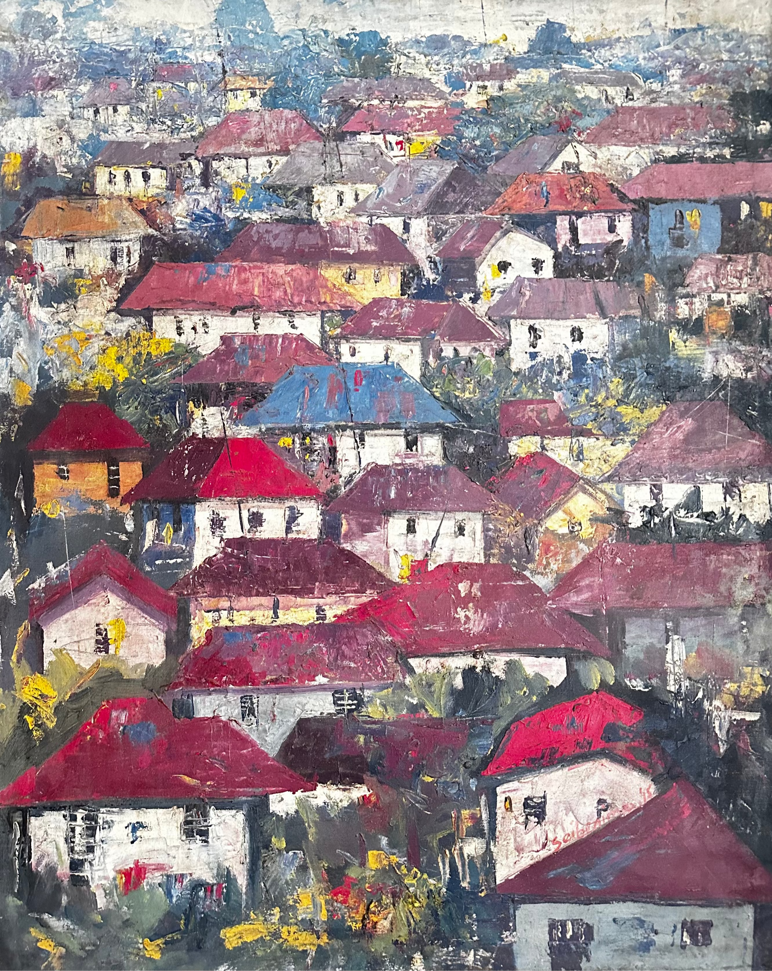 Somewhere in the Africa. Rooftops" by Bibianna African Art Collective is an original impressionistic painting of a vibrant village with red and blue roofs amid greenery, featuring lively roof art details beneath a hazy sky.