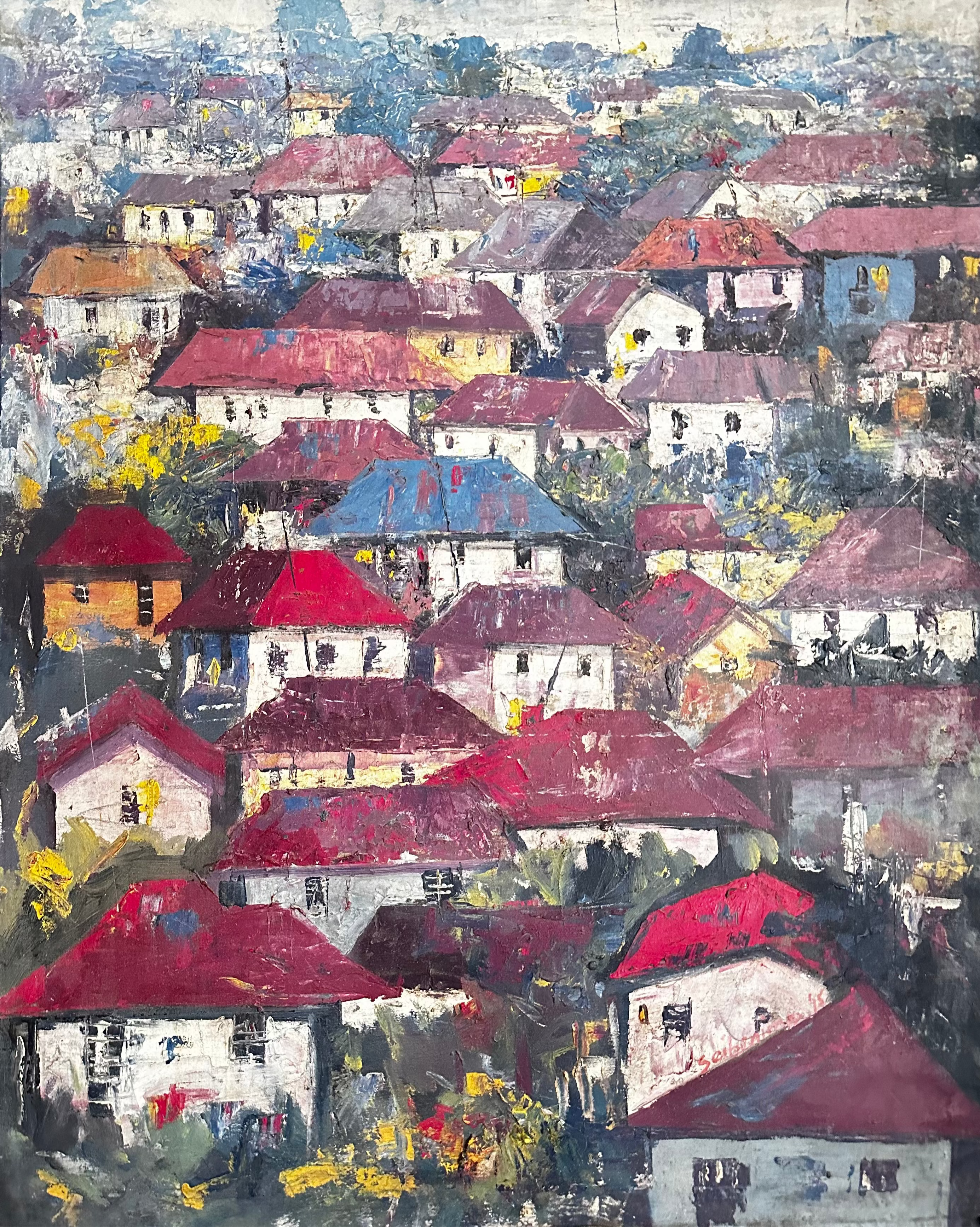 Somewhere in the Africa. Rooftops" by Bibianna African Art Collective is a 2015 impressionistic original painting showing small white houses with vibrant roofs set among greenery and yellow touches under a cloudy sky.