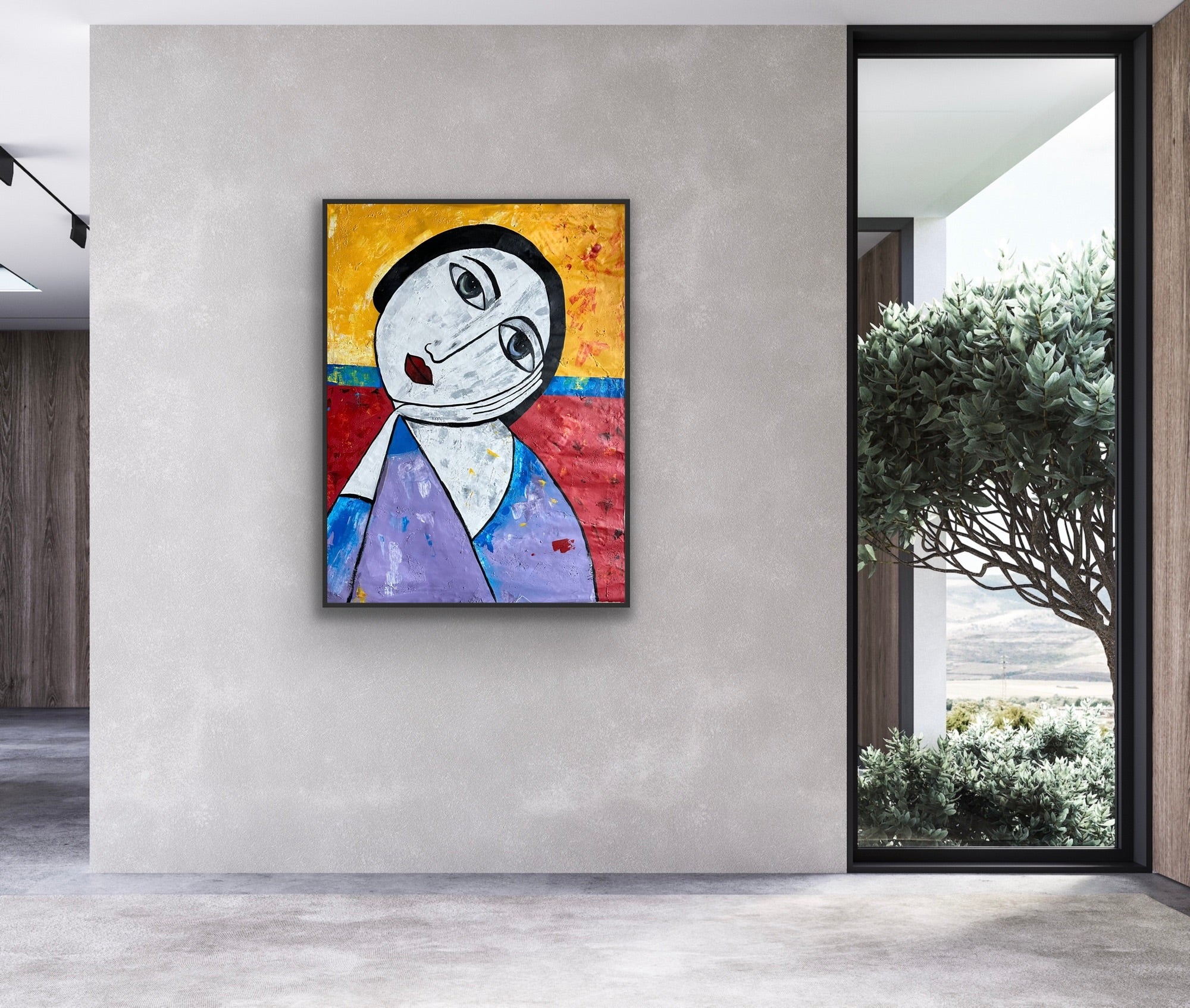 Ifeanyi Admire," a modern abstract painting by Ifeanyi Admire, hangs on a light gray wall in a bright, minimalist room with large windows and a potted tree.