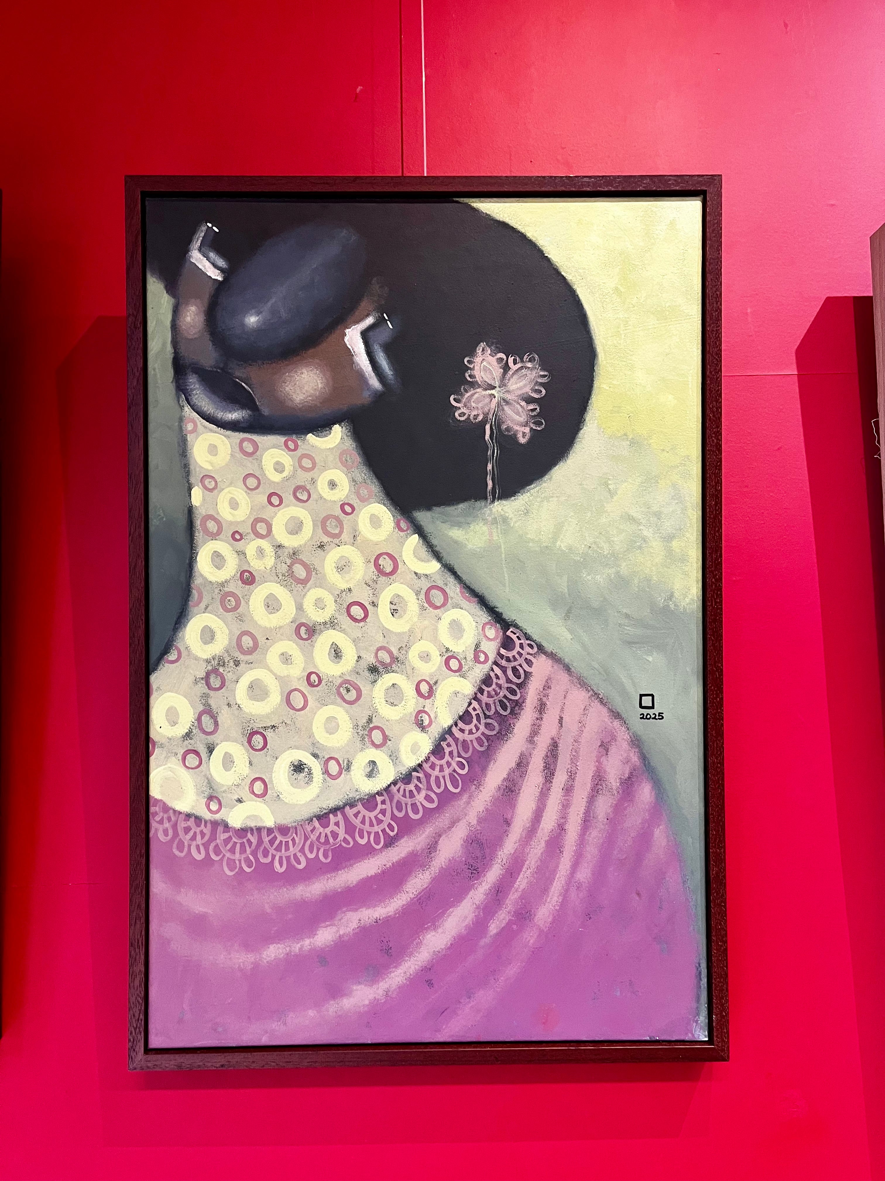 The "Untitled" Portrait Painting by Prince Obasi features a woman in a black hat and yellow dress with pink and white circles, holding a flower against a red wall with pale green and yellow background.