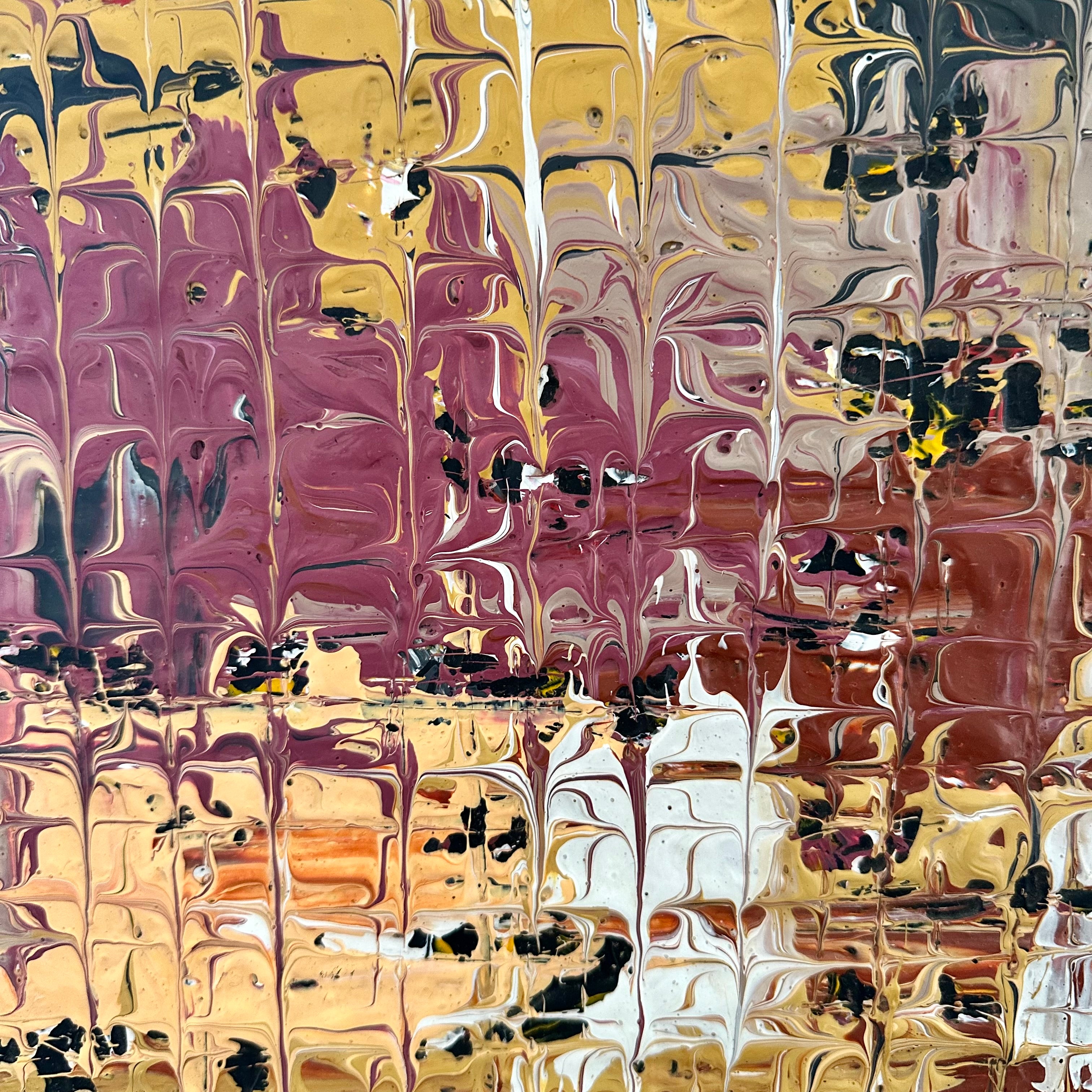 Layers Of Good Fortune 2" from Toyin Omolowo’s Textured Abstract Series features a grid pattern in acrylic on board, where maroon, yellow, beige, black, and white swirls create dynamic movement and depth.