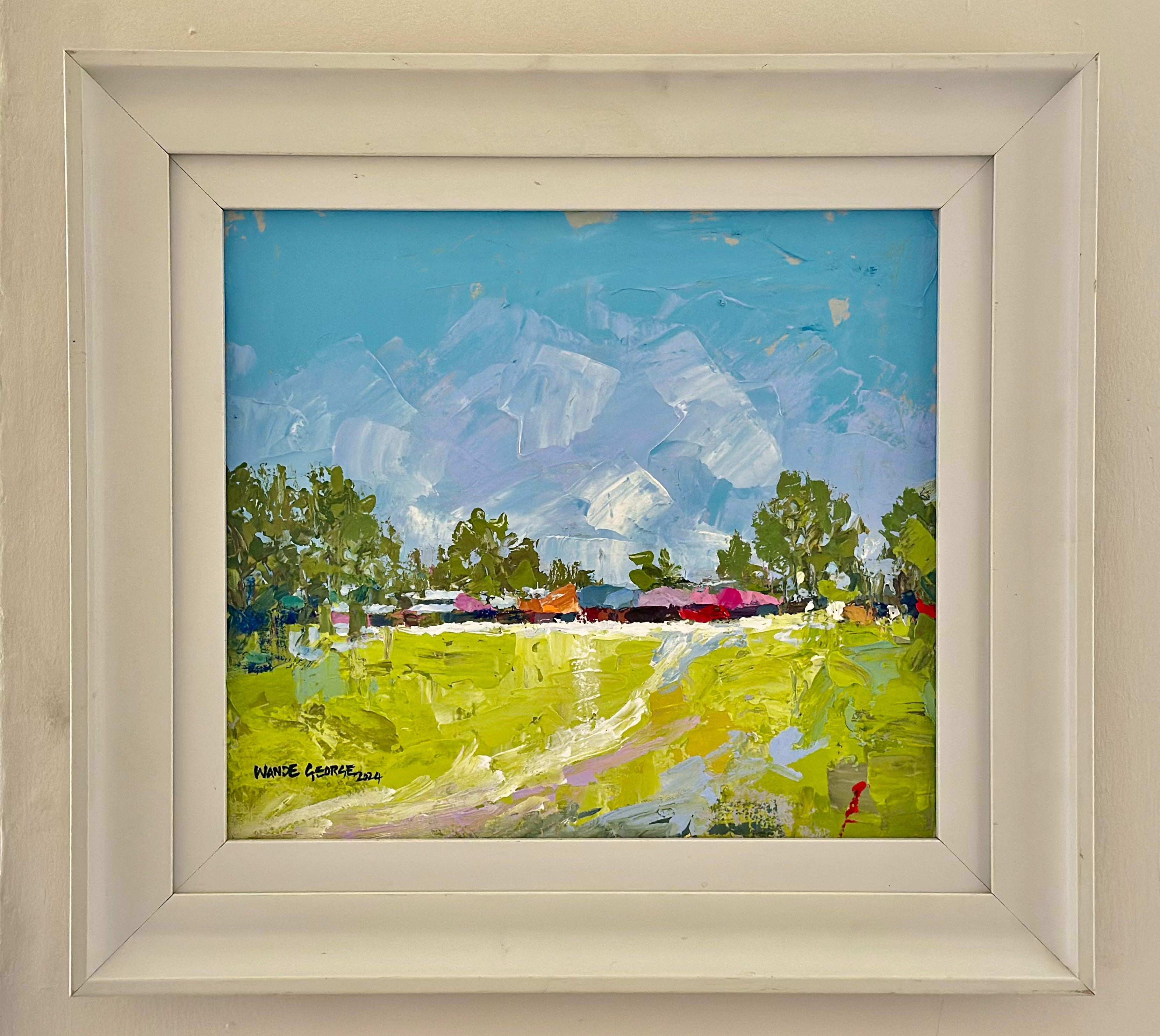 Long Awaited Visit" by Wande George is a framed impressionist painting with vibrant colors, bold textured brushstrokes, and the artist's signature in the lower left. It depicts a bright grassy field with distant trees under a blue sky.