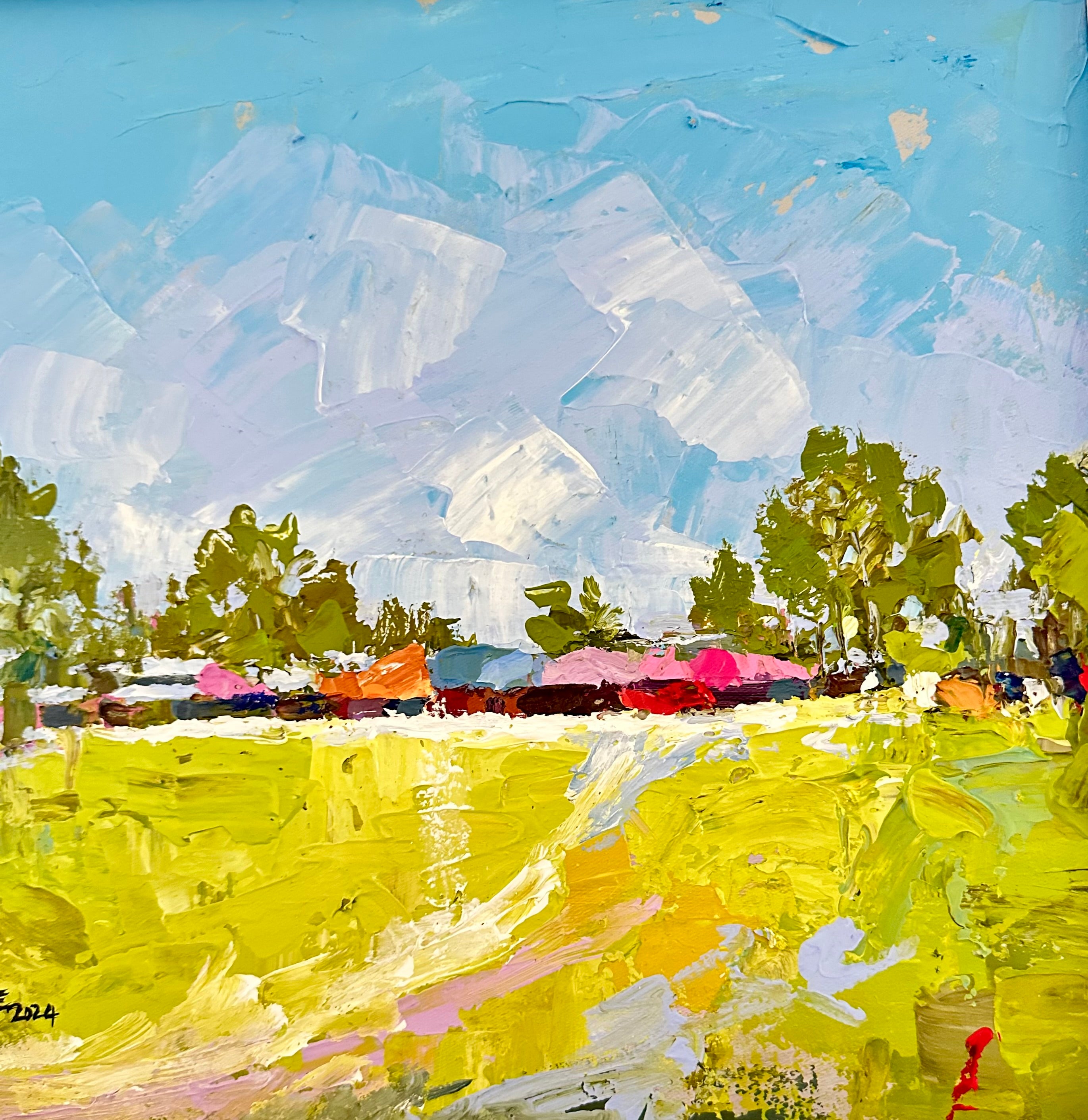 Long Awaited Visit" by Wande George is a vibrant impressionist acrylic painting featuring a bright yellow field, scattered green trees, colorful houses in the background, and a blue sky with bold white clouds.