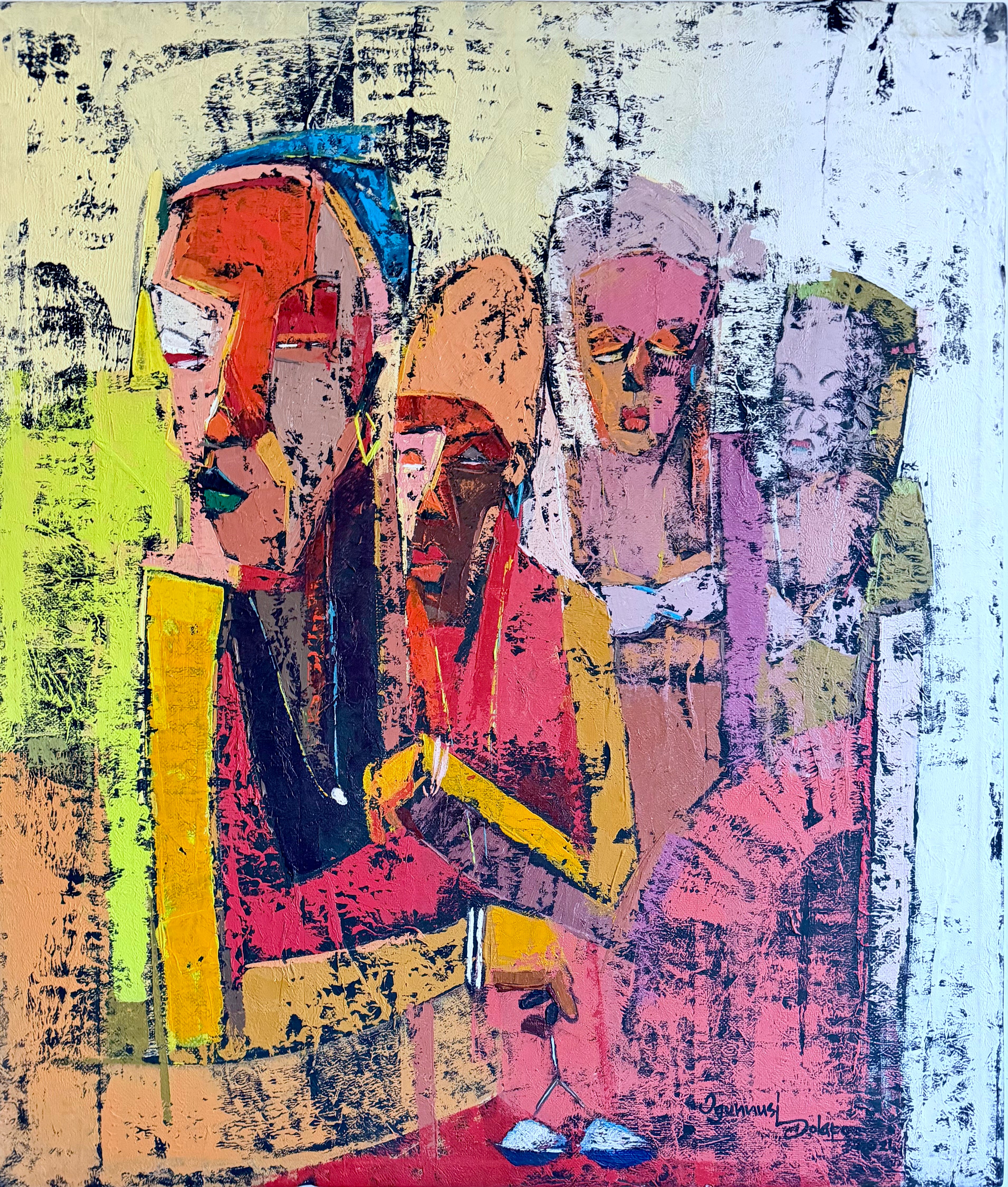 ‘Gender Equality’ by Dolapo Ogunnusi is an abstract painting depicting five figures in vivid red, yellow, orange, and blue blocks on a textured white background. This hand-signed artwork includes a certificate of authenticity.