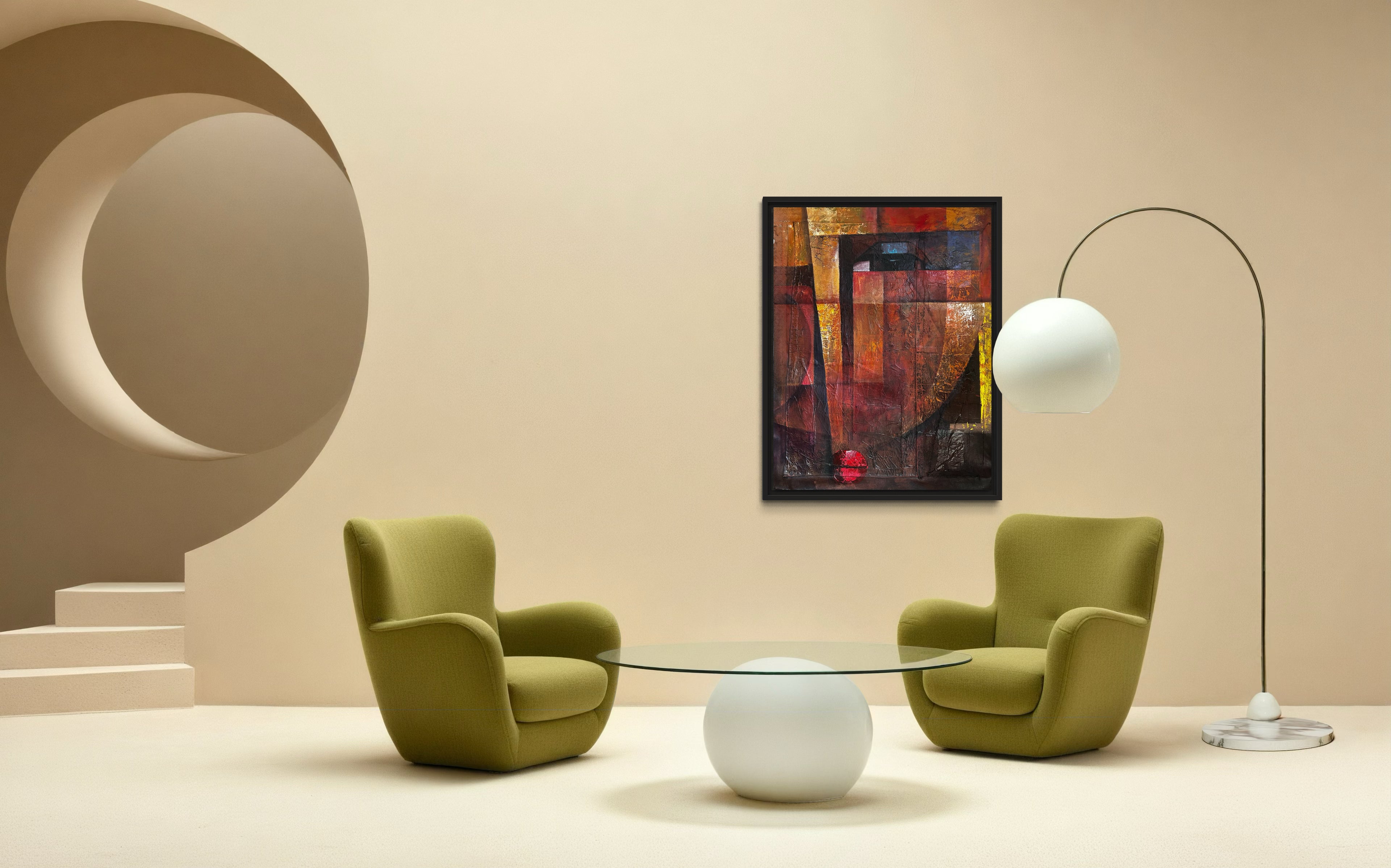 Modern minimalist room with two olive green chairs, a round glass coffee table, an arc floor lamp, abstract wall art, and a circular opening with steps in a beige setting.