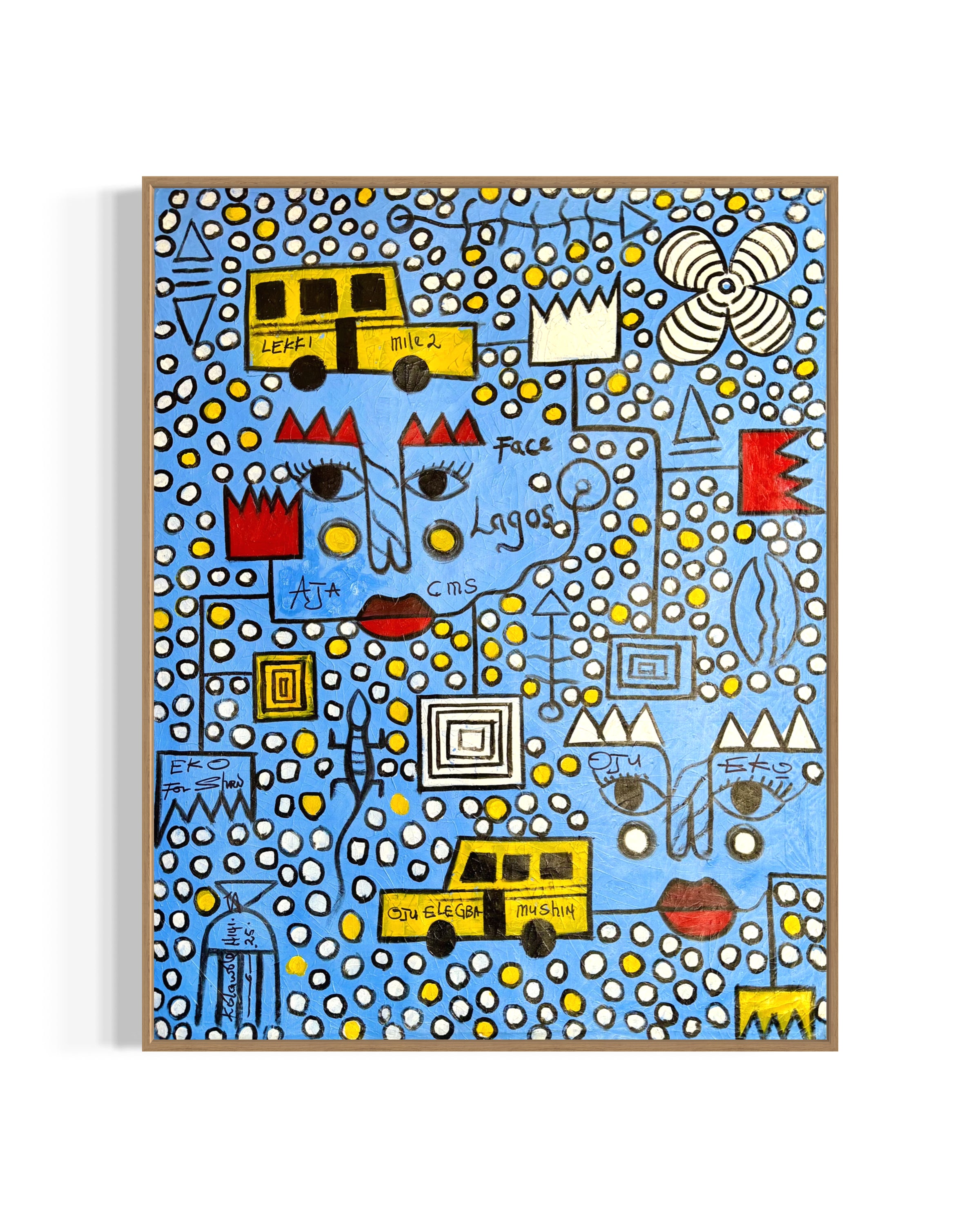 Face Of Lagos" by Kolawale Niyi is abstract art with geometric shapes, dots, red lips, eyes, yellow rectangles, and black lines on a blue background, forming a whimsical collage-like composition.