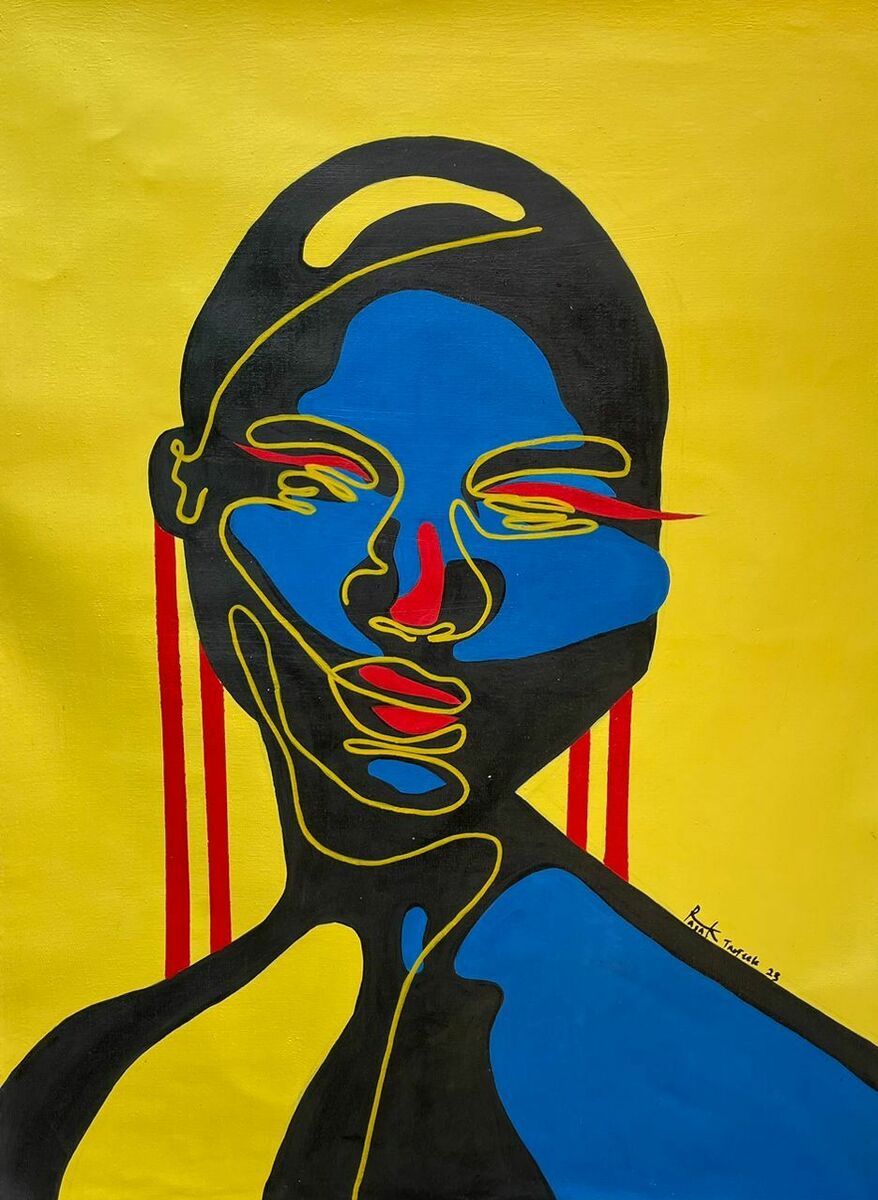 A Girl" by Afuope Opeyemi. Abstract acrylic portrait on bright yellow canvas with bold black, blue, and red outlines. Red vertical lines evoke earrings or tears. Includes certificate of authenticity.