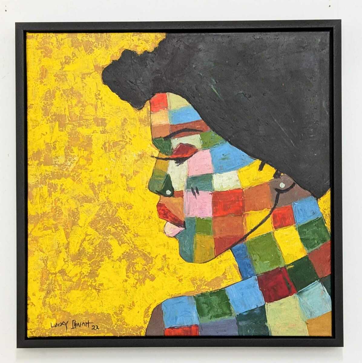 Its My Life" by Lucky Isaiah is a colorful, hand-signed painting portraying a side profile made of multicolored patchwork squares on yellow, featuring a stud earring. Includes certificate of authenticity.