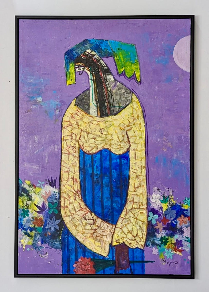 “Floral Reverie: Contemporary African Art Portrait in Vivid Colours ‘Loving Saturday’ by Akintoye Segun-Shiigo features a figure in a yellow and blue dress with green-blue head covering amid abstract flowers and a pale moon on purple.