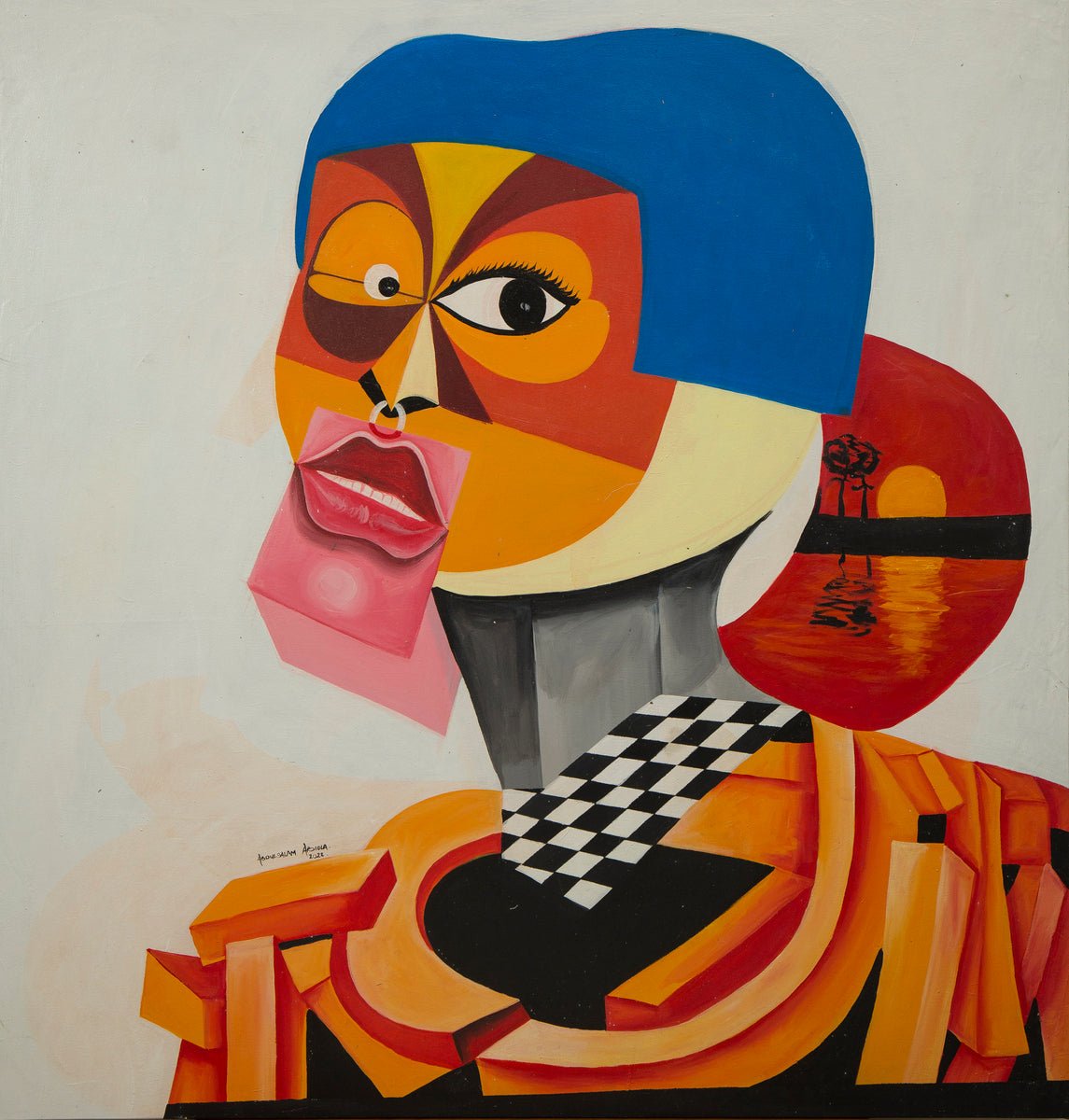Abstract African Cubist Portrait with Vibrant Sunset Elements, 'Tranquil Night' - Bibianna African Art Collective