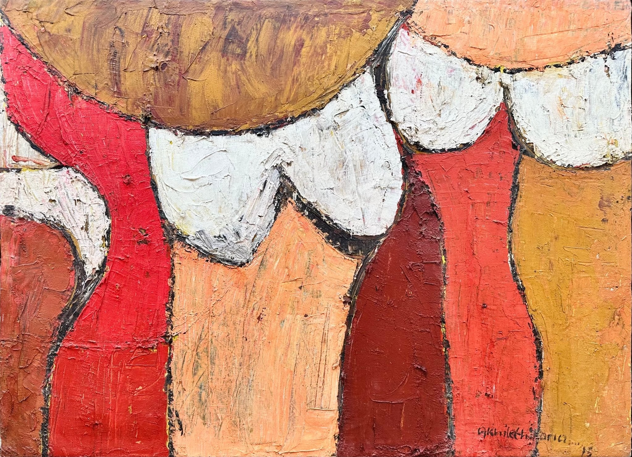 Akhile Ehiforia’s “Untitled Jan31_16:04” features bold, textured strokes in warm reds, oranges, browns, and cream with curved white shapes that contrast the earthy tones for an organic, dynamic abstract composition.