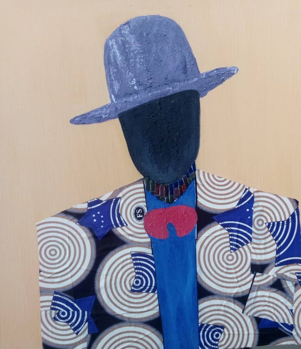 The "Guy Man" Abstract Mixed Media African Gentleman Portrait by Slam Austin features a faceless figure in a large gray hat, blue suit, red bow tie, and patterned Ankara jacket with white and blue circles on beige.