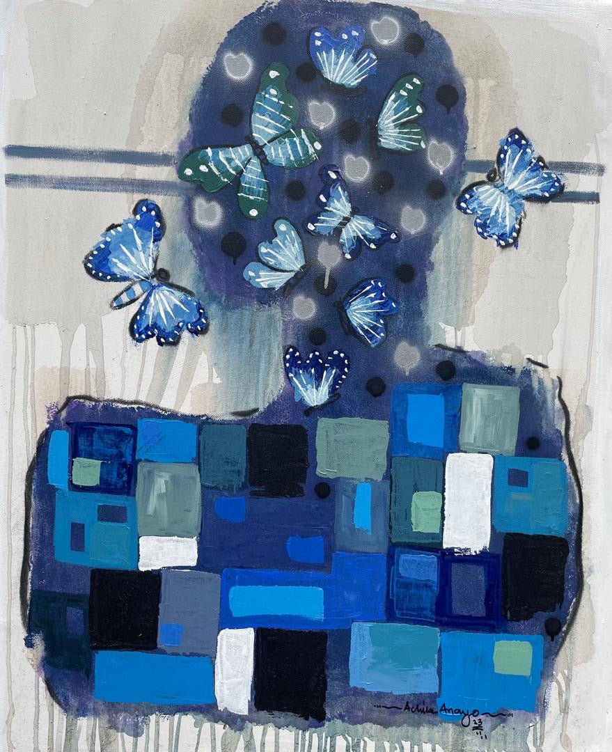 Achike Anayo by Achike Anayo features an abstract figure with a head of blue and green butterflies, a body of blue and black geometric shapes, faint heart shapes near the head, and a light gray background.