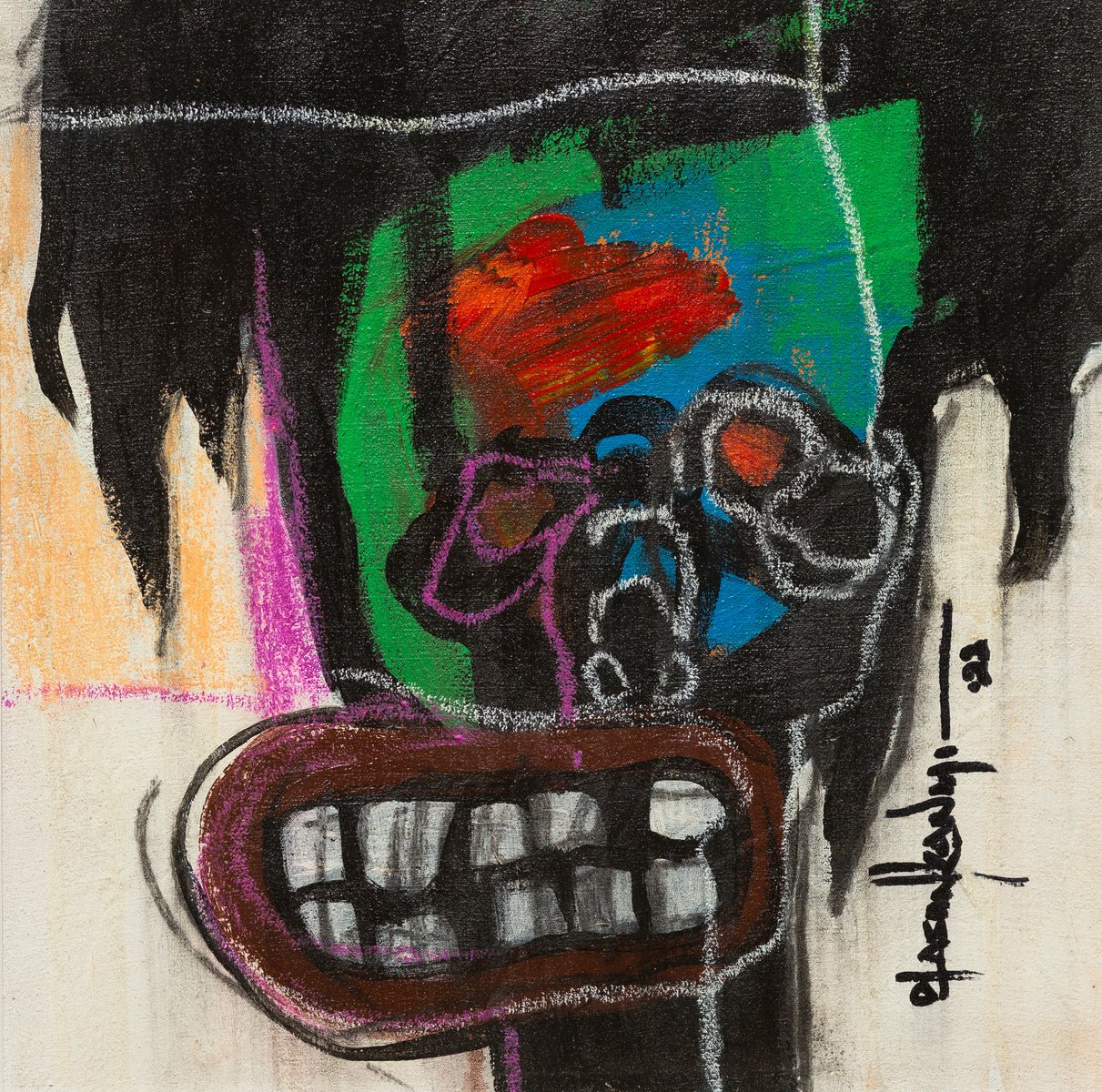 Act 1" by Olasunkanmi Oyelusi: An expressive abstract painting of a distorted face with large white teeth, dark skin, and wide eyes on colorful acrylic canvas. Bold, sketchy lines make it perfect for collectors seeking unique art.
