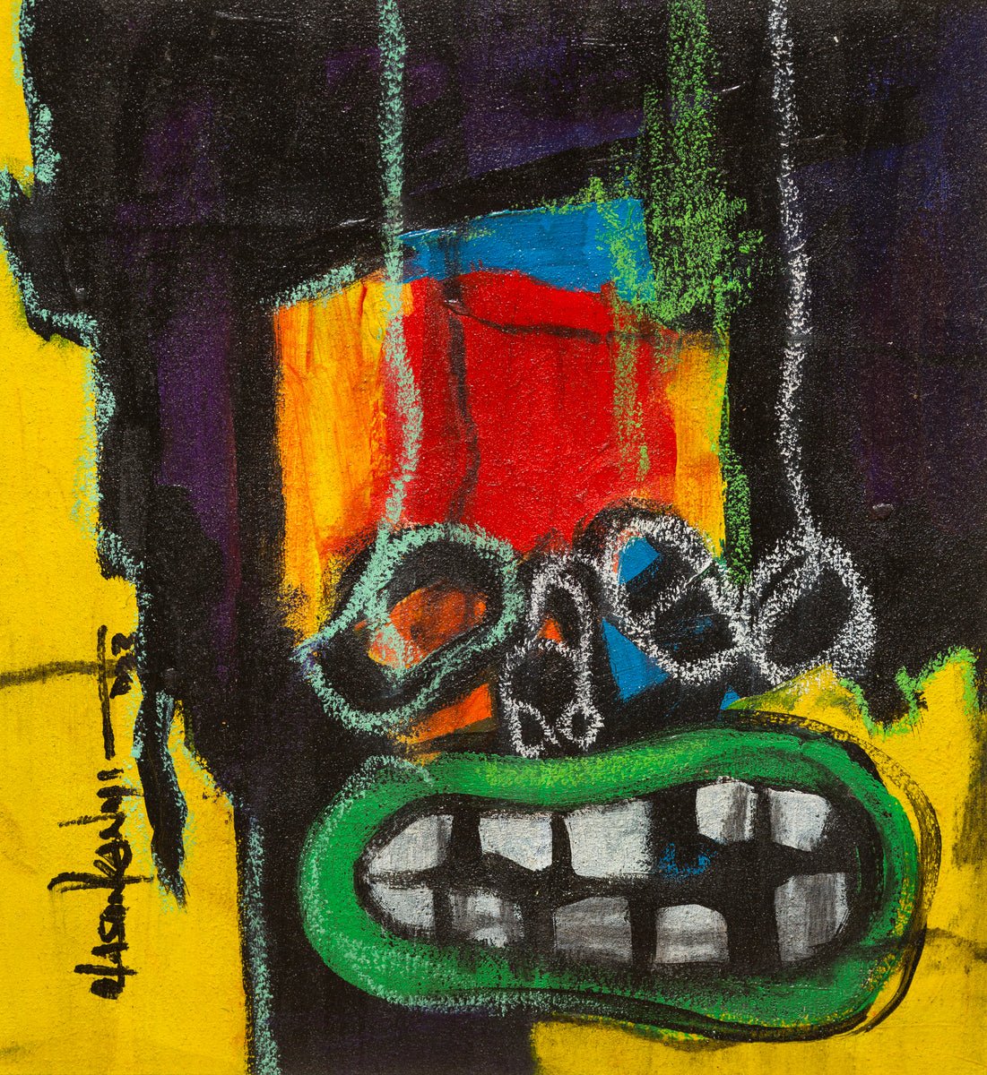 Act 3" by Olasunkanmi Oyelusi is a vibrant acrylic on canvas with bold strokes of yellow, red, blue, and green. It features an expressive face with a green outline and exaggerated white teeth. Hand-signed by the artist.