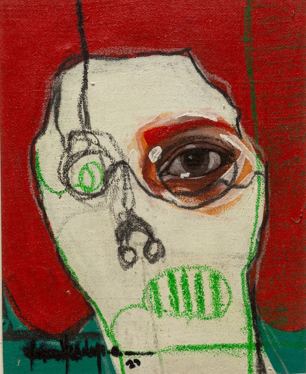 Act 4" by Olasunkanmi Oyelusi is an abstract acrylic on canvas depicting a distorted face with a red background, bold orange eyeshadow, one realistic brown eye, green skeletal outlines, and black sketch lines. Includes certificate of authenticity.