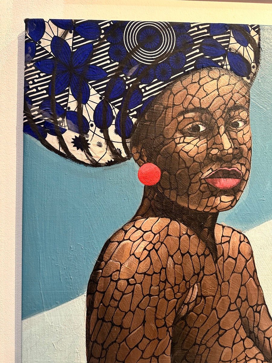 A mixed media painting by Abubakar Nurudeen titled "African woman in Ankara gele and red earrings" features a woman with textured brown skin, patterned headwrap, and blue background. Only her face and upper body are shown.