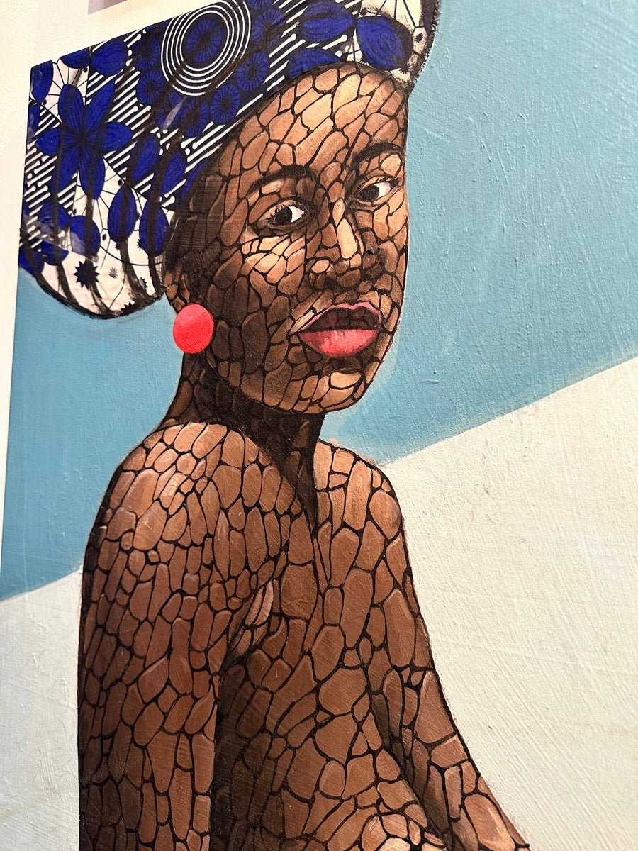 Abubakar Nurudeen’s "African woman in Ankara gele and red earrings" is an original mixed media painting in acrylic and Ankara, depicting a woman with mosaic brown skin against a blue and white backdrop.
