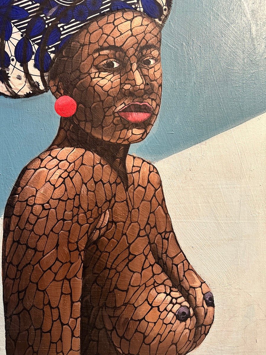 Abubakar Nurudeen’s “African Woman in Ankara Gele and Red Earrings” is an original acrylic and Ankara mixed media painting featuring a textured portrait of a topless woman with a blue headwrap and red earring, set against a blue-cream background.