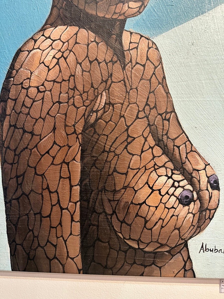 “African woman in Ankara gele and red earrings,” an original mixed media acrylic & Ankara painting by Abubakar Nurudeen, features the artist’s signature over a light blue and white background with stone-like brown skin segments.