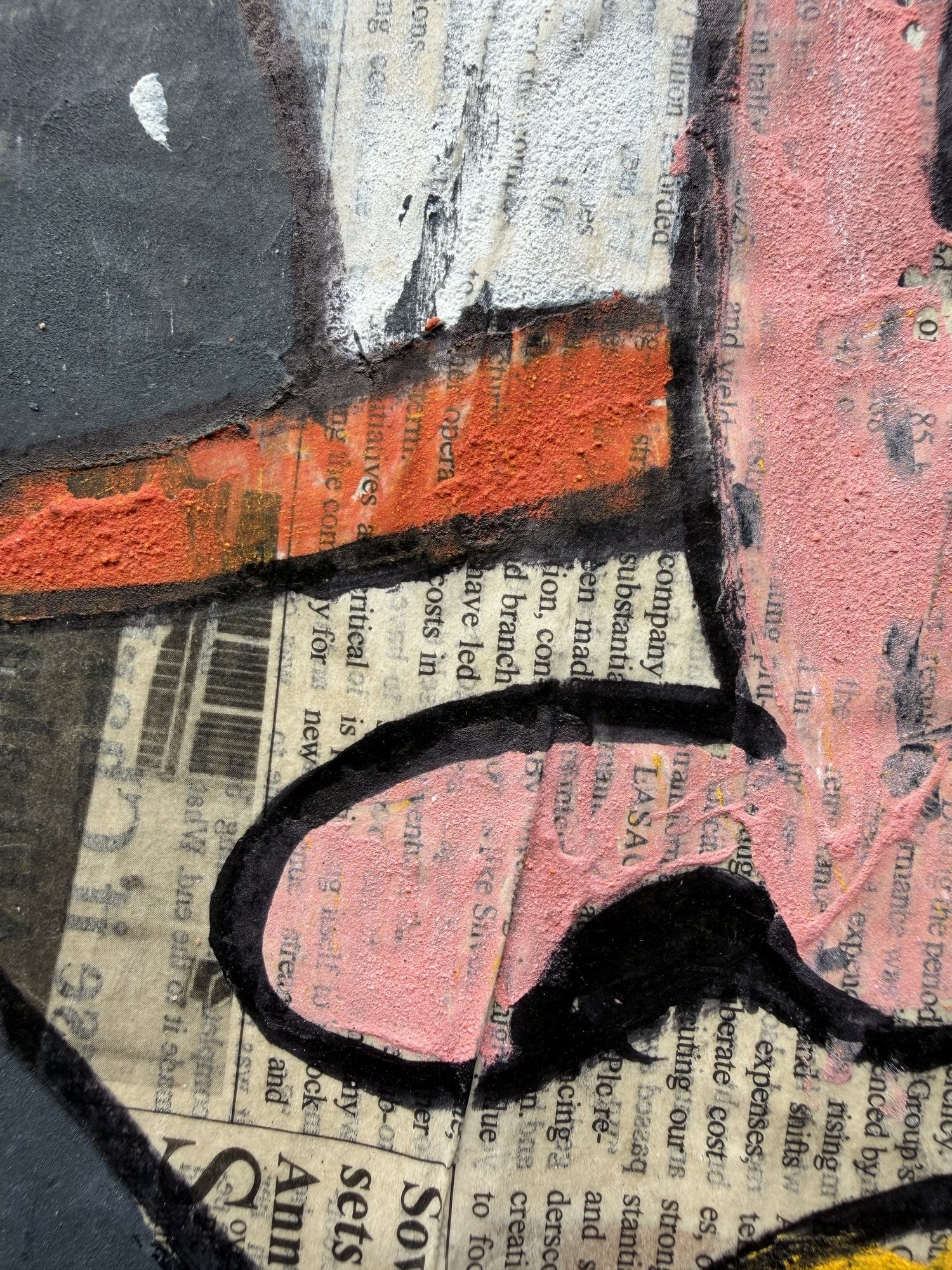 "Faces on Newsprint" in Coral & Ochre by Akhile Ehiforia, surface detail - Bibianna African Art Collective