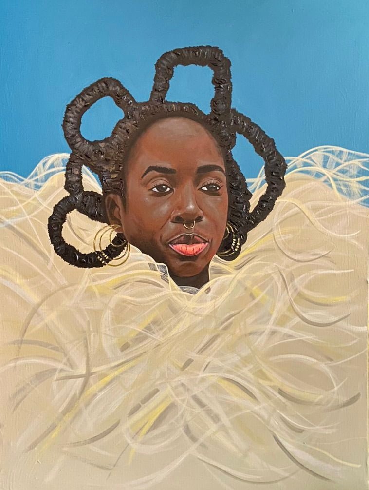 The Identity" by Ajenifuja Abiodun is an original acrylic on canvas, featuring a woman with sculpted circular braids and gold hoop earrings emerging from abstract cream and beige swirls against a blue sky.